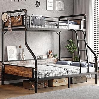 Metal Twin Over Full Bunk Bed, Industrial Bunk Bed, Sturdy Bunk Bed with Bodyguard and Space Saving, Steel Bed for School, Dormitory (Brown)