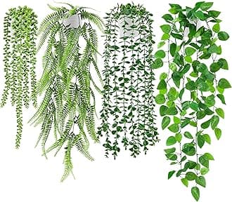 Der Rose 4Pcs Fake Plants Hanging Artificial Ivy Vine Faux Eucalyptus Hanging Plants, Boston Fern, String of Pearls for Living Room Bedroom Boho Wall Shelf Indoor Outdoor Decor (White Pots)