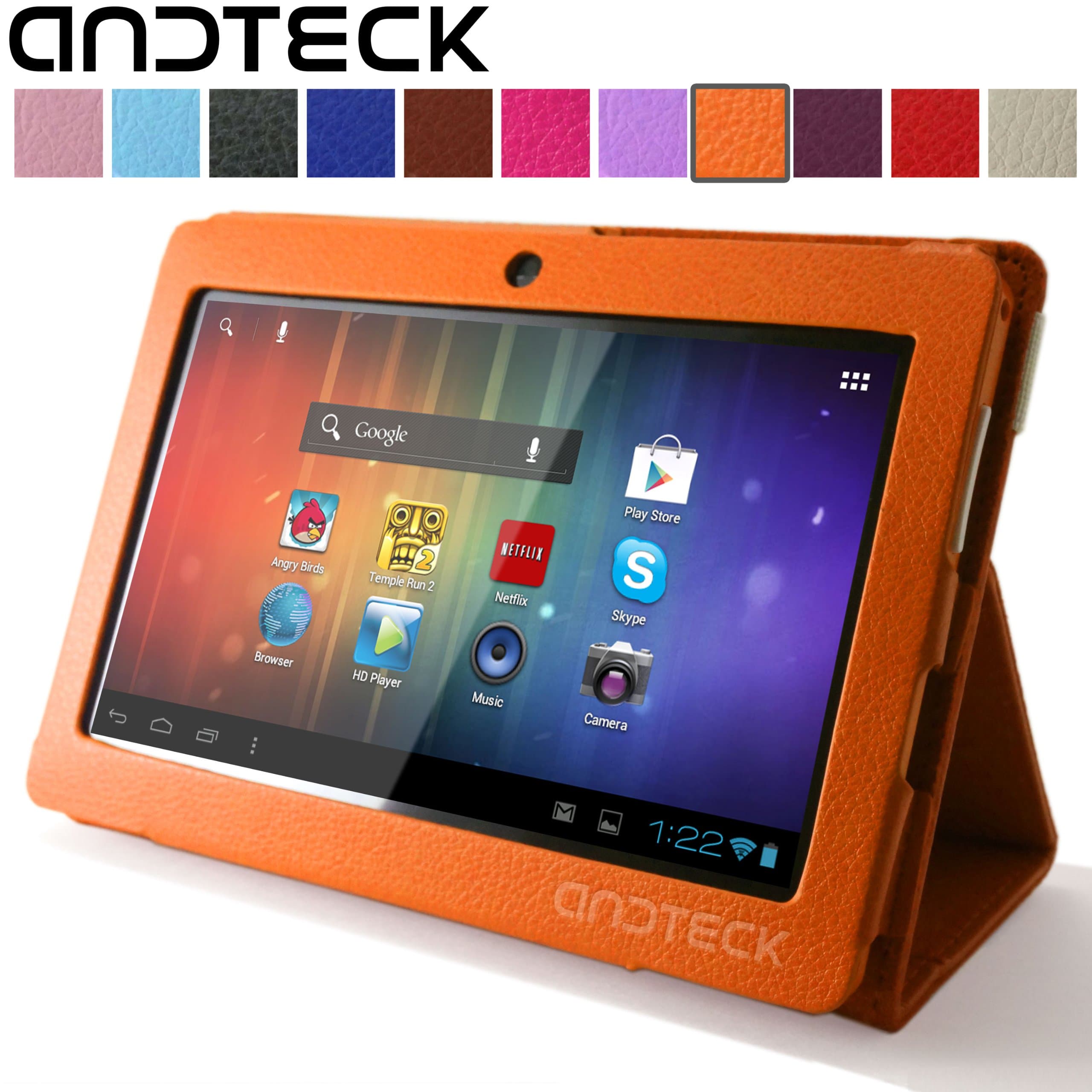 Flip Leather Case for Zeepad 7.0, Dragon Touch A13 Q88, Y88, Chromo, FastTouch, Tagital, Noria Jr, Tab Nero 7" Tablet PCs w/Dual Camera [Protector/Stand] (Orange)