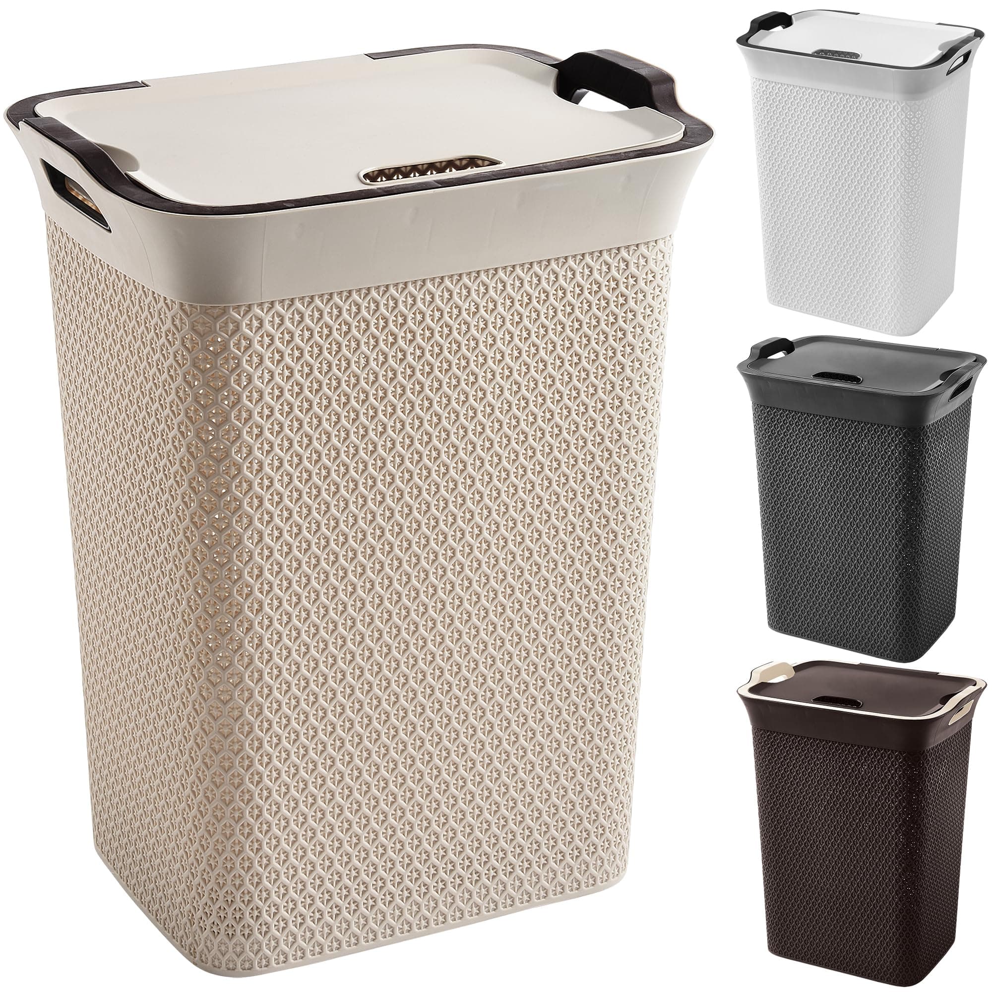 Plastic Laundry Basket with Lid | Large 65 Litre Laundry Hamper Storage Washing Basket | Dirty Clothes Baskets with Handles | Laundry Basket Bin for Bathroom Bedroom (Mocha)