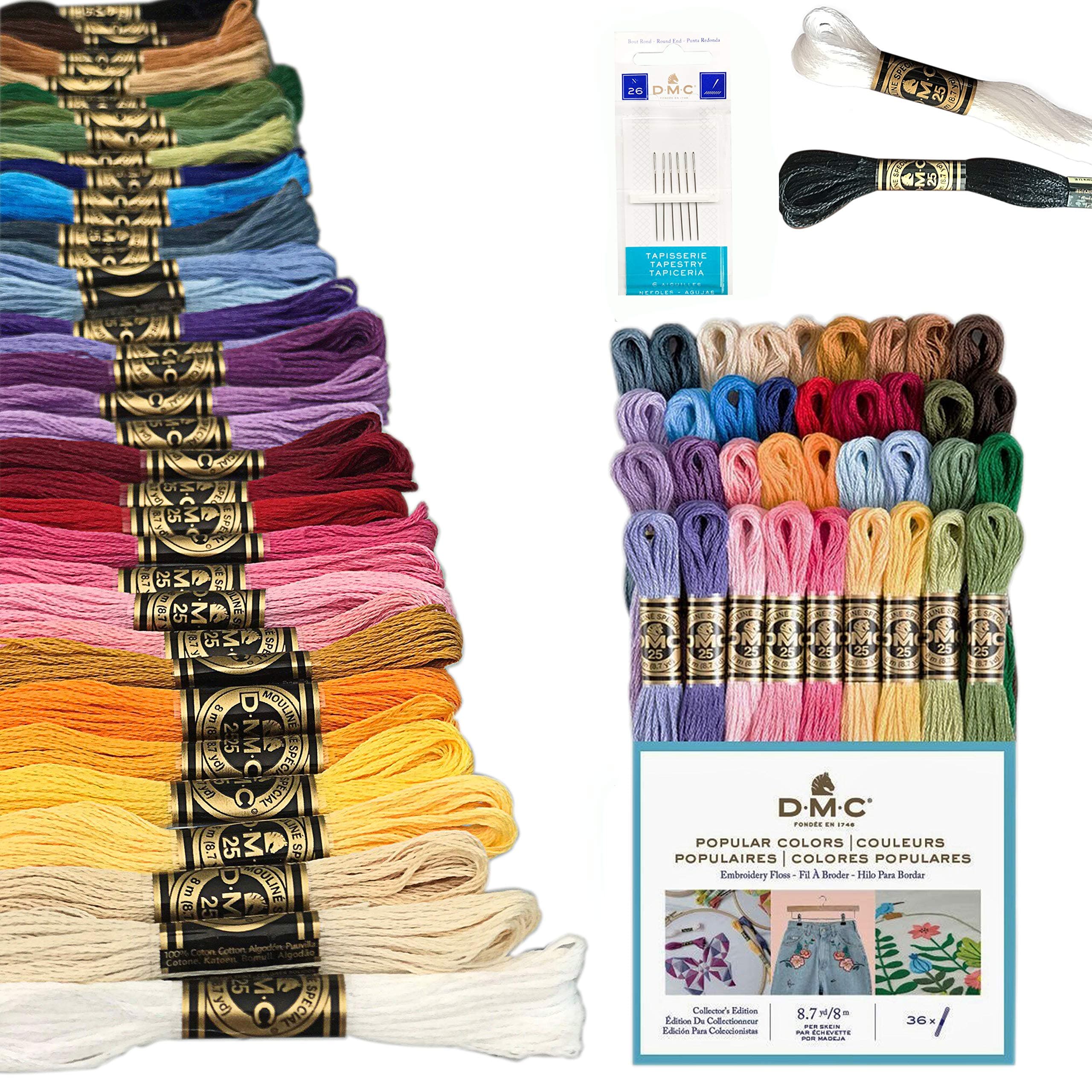 DMC Embroidery Floss Pack Popular Colors, Embroidery Thread Kit Include 36 Assorted Color Bundle with DMC Mouline Cotton White/Black and Cross Stitch Hand Needles Size 26.