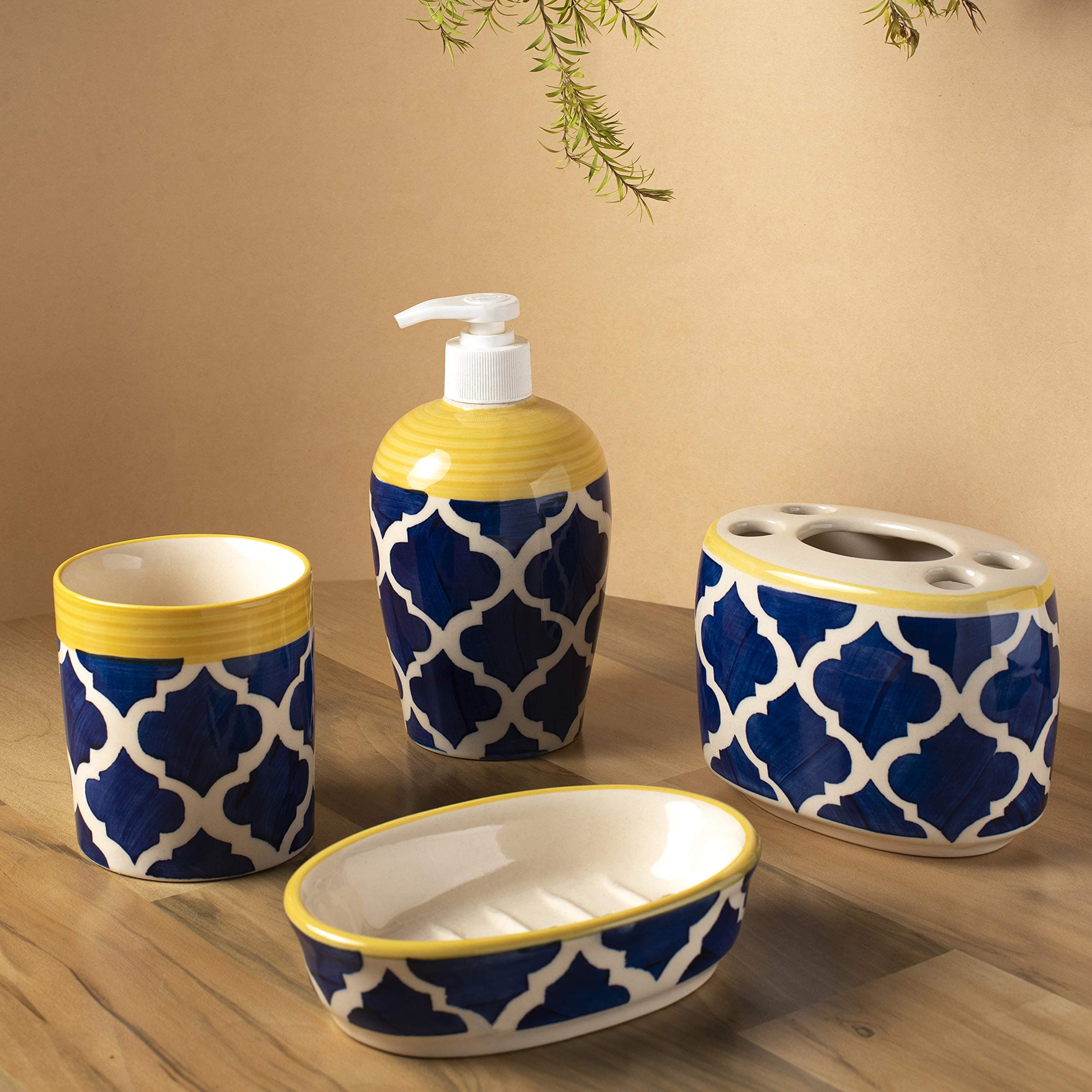 HS HINDUSTANI SAUDAGAR Blue Umrao Ceramic Bathroom Sets 4 Pieces Accessories kit with Toothbrush Holder, Soap Dish, Tumbler and dispensers for Hand wash Liquid soap Ideal for Bathroom décor & Gift.