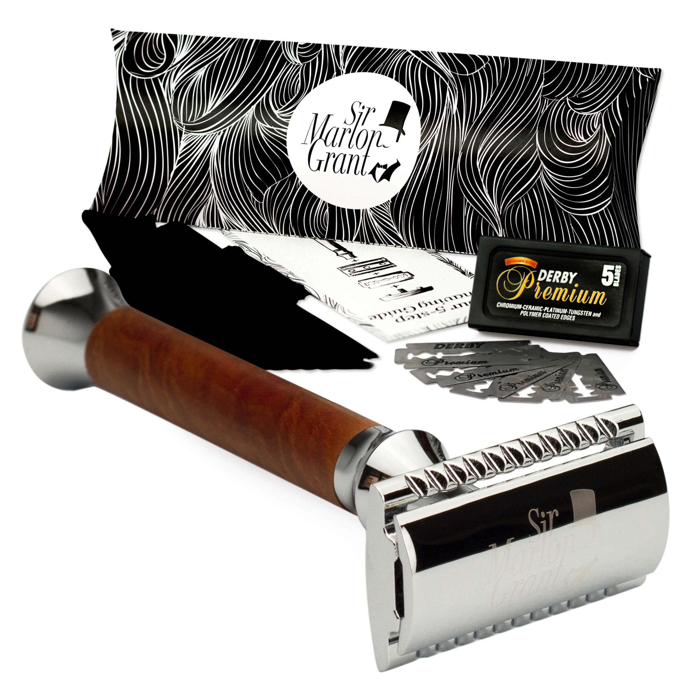 Shaving Kit by Sir Marlon Grant – Gift Set with a Double Edge Safety Razor with Chrome & Lychee Wooden Handle, 5 Derby Premium Razor Blades & Microfiber Cleaning Cloth – for Traditional Wet Shaving