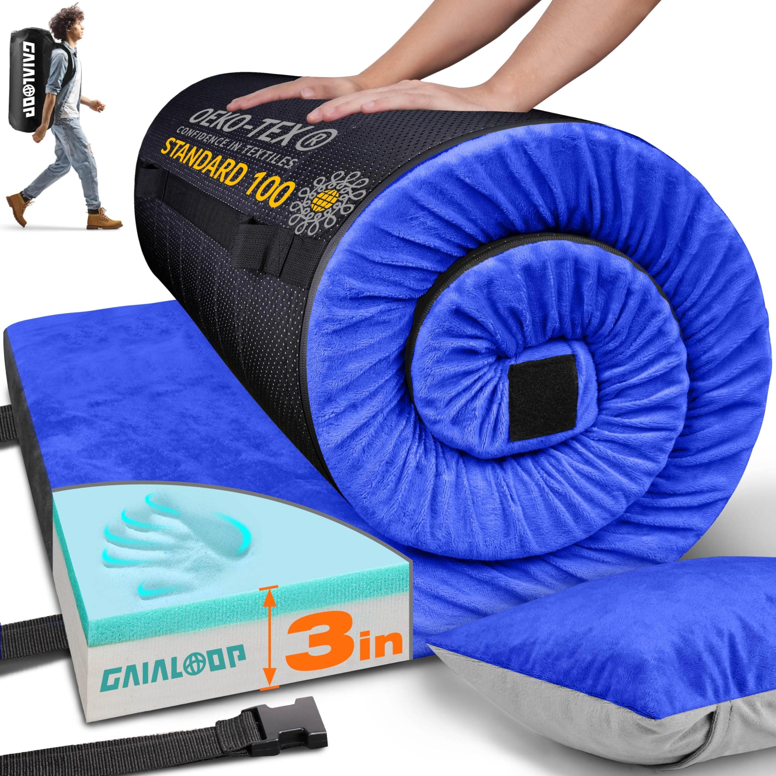 3 Inch Memory Foam Camping Mattress, Dual Layer Thick Sleeping Camp Pad for Car Tent Cot, Roll-Up Portable Glamping Floor Bed for Guests Sleepover