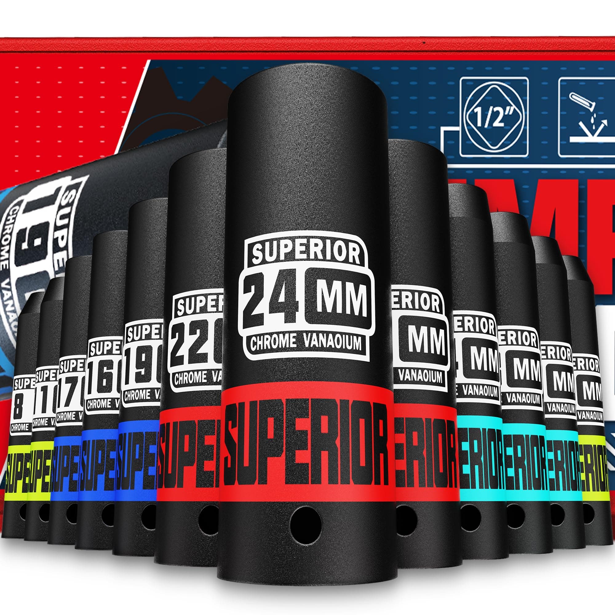 14 Piece 1/2" Drive Impact Socket Set, 8 mm - 22 mm Deep Socket, Metric Socket Set With Adapter & Quick-Release Holder, 6 Point, CR-V, Automotive Maintenance, Machinery Manufacturing