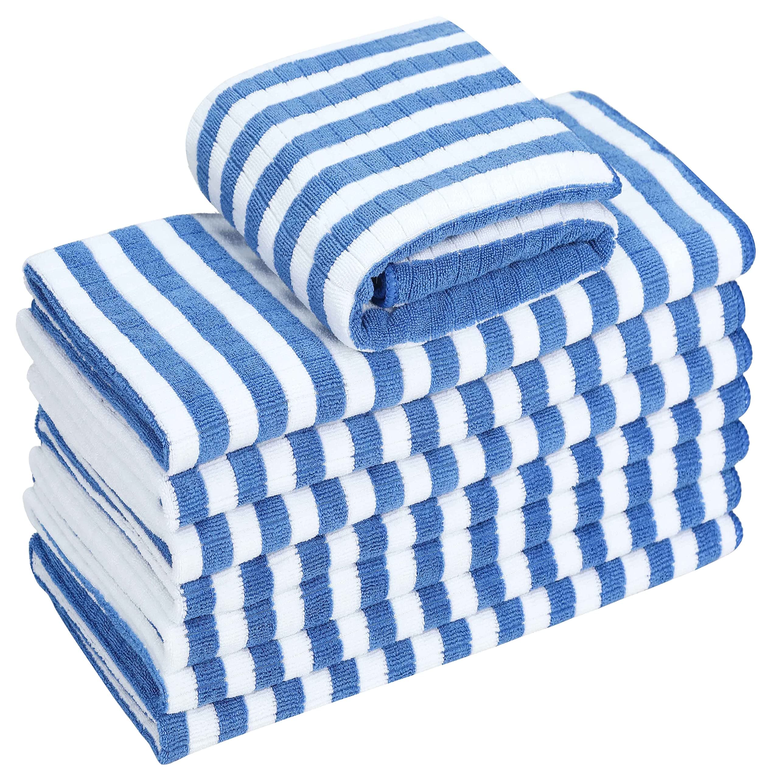 8 Pack Microfibre Tea Towels, Super Absorbent, Soft and Thick Kitchen Towels, Check designed with Hanging Loops, 65 x 45 cm, Blue