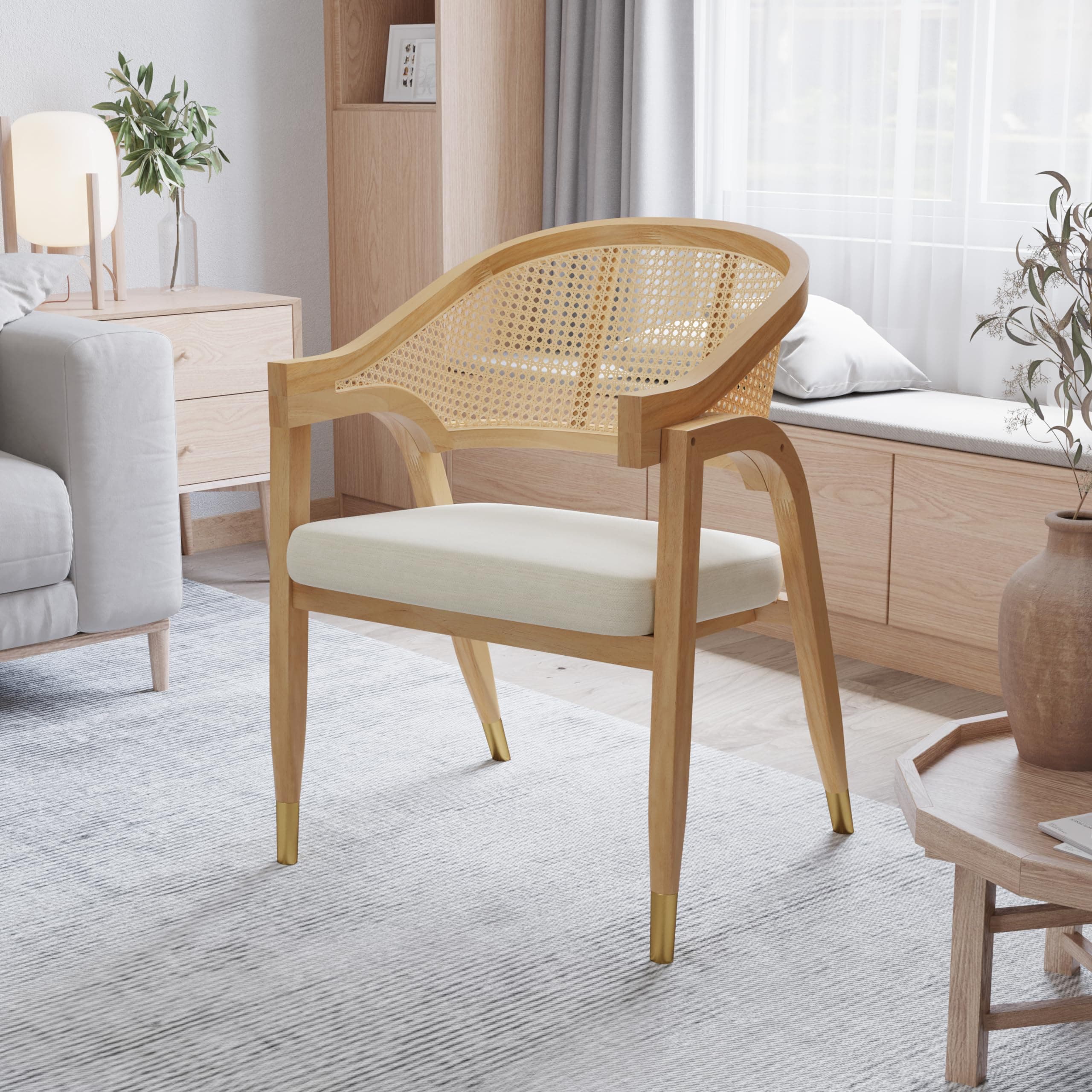 Merrick Lane Bronson Cane Rattan Dining and Accent Chair, Solid Wood Frame, Versatile Seating Solution, Natural