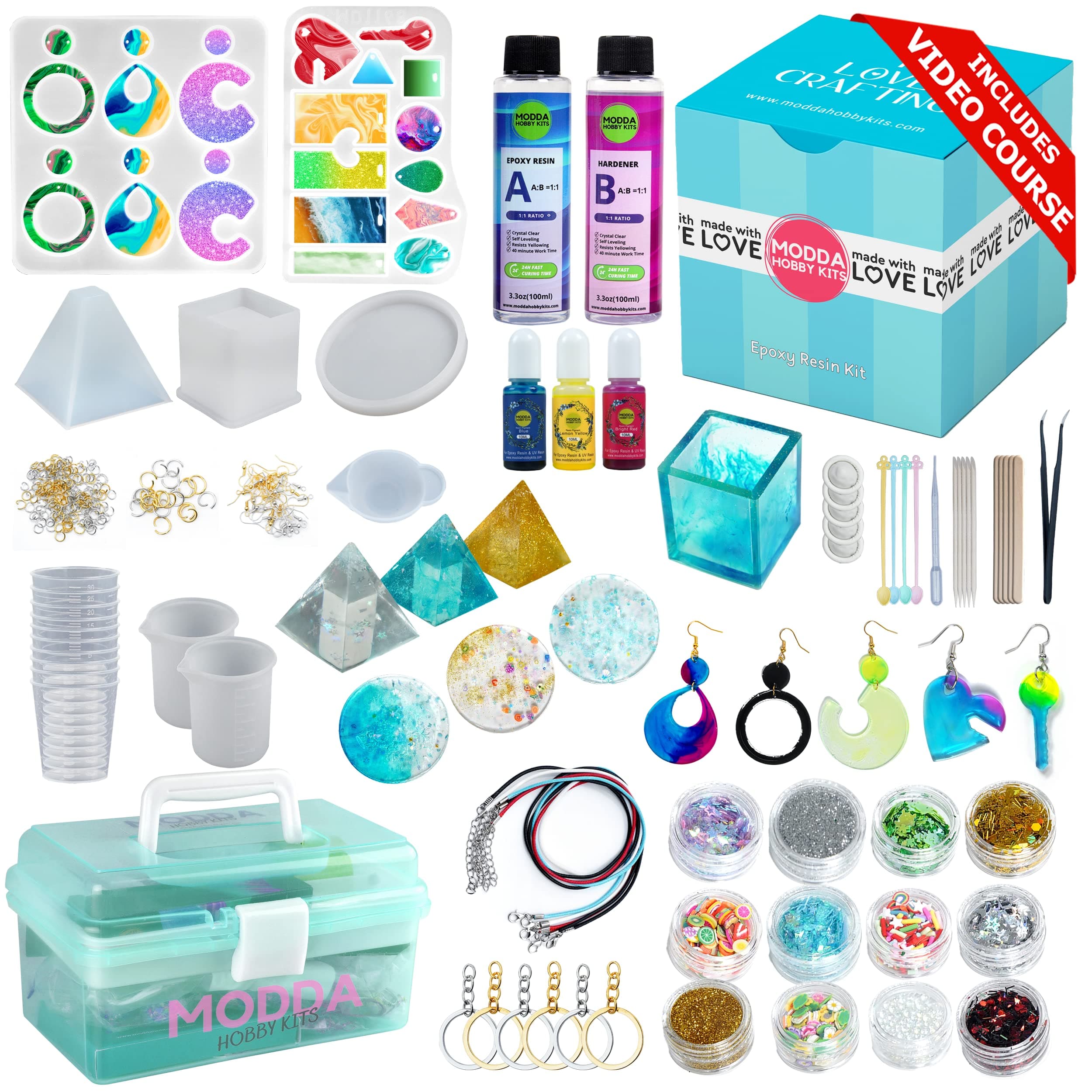 MODDA Epoxy Resin Kit with Video Course, Includes Color Pigment, Silicone molds, Necklace Cord, Earring Hooks for Jewelry Making, Epoxy Resin Starter Kit for Beginners, Adults,Complete Craft Set