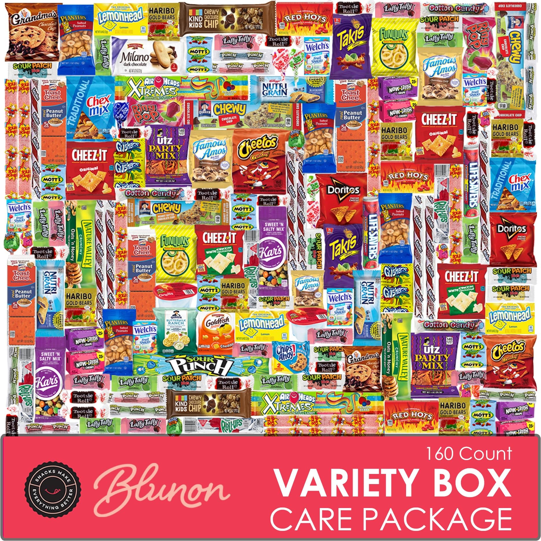 Blunon Snacks Variety Pack - Care Package Gift Box - Chips, Candy, Cookies, Crackers Bulk Assortment (160 Count)