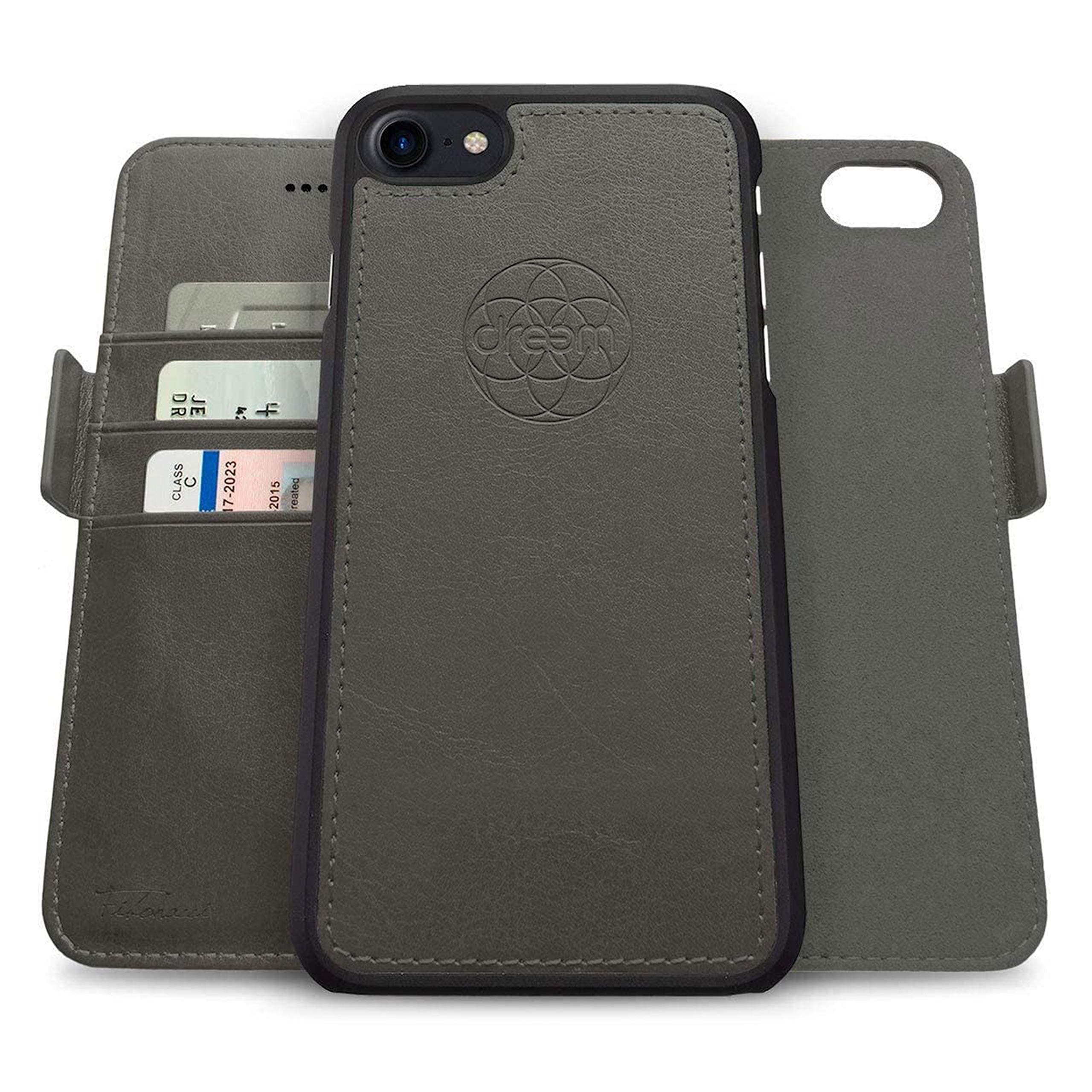 Dreem Fibonacci 2-in-1 Wallet Case for Apple iPhone SE 3 (2022), SE 2, & 8/7 - Luxury Vegan Leather, Magnetic Detachable Shockproof Phone Case, RFID Card Protection, 2-Way Flip Stand - Grey
