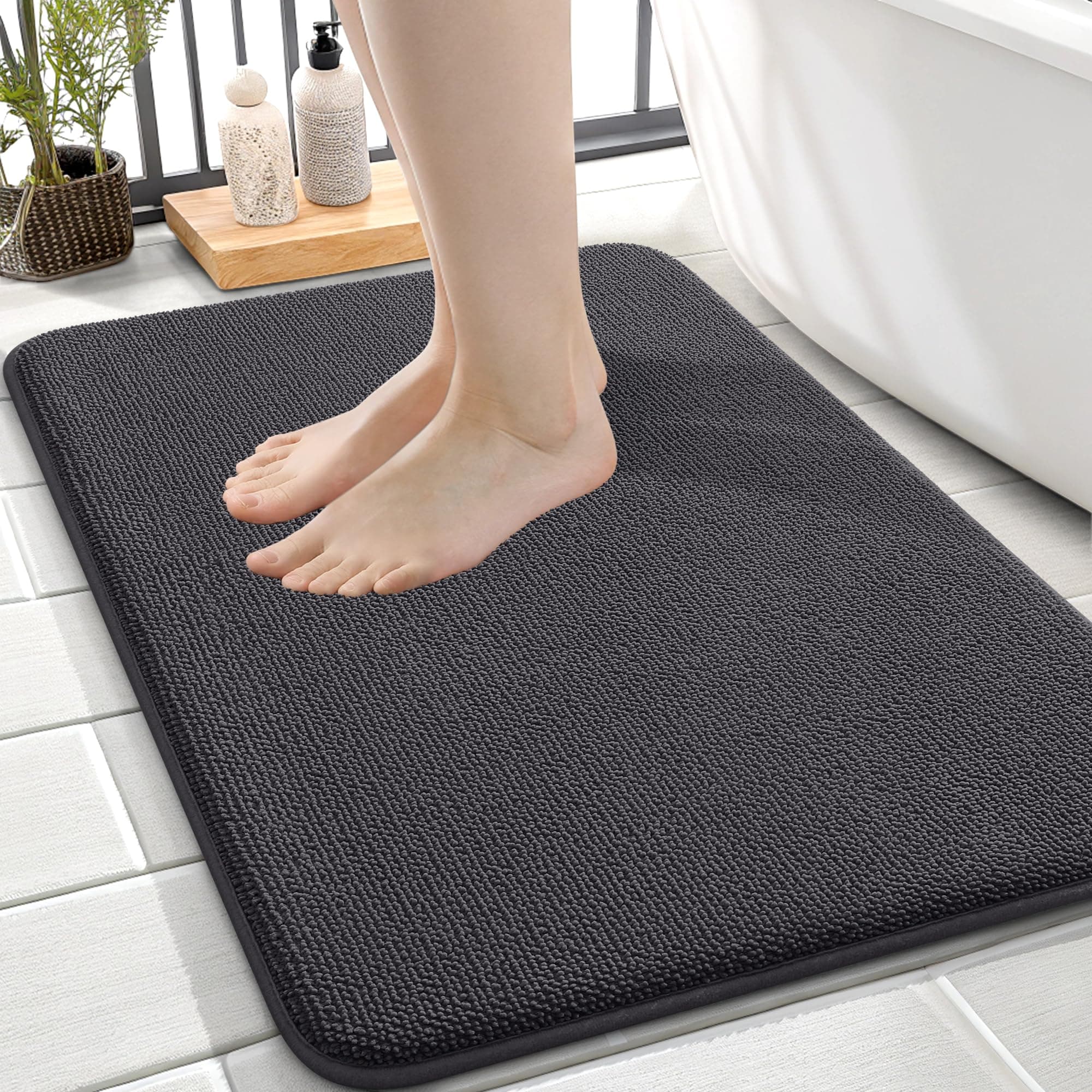 OLANLY Thick Memory Foam Bath Mat Rug 24x16, Extra Soft Absorbent Bathroom Rug, Quick Dry Bath Mats, Non-Slip, Machine Washable Carpet for Bathroom, Tub and Shower, Home Decor Accessories, Dark Grey