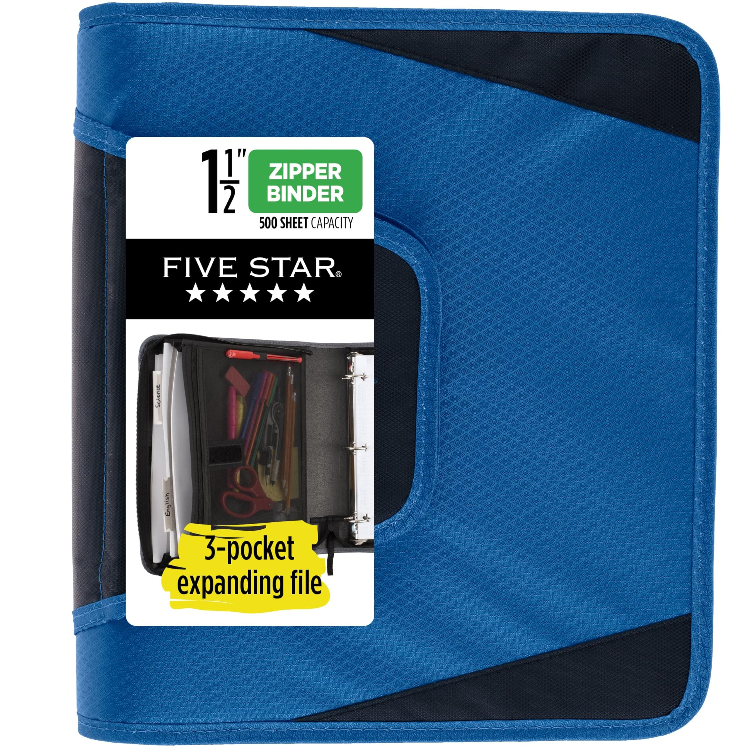 Five Star Zipper Binder, 1.5 Inch 3-Ring Binder for School, 3 Pocket Expanding File, 500 Sheet Capacity, Blue (72202)
