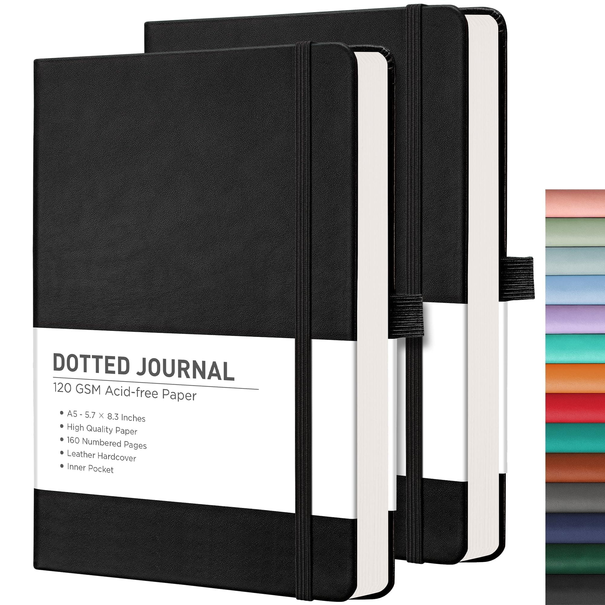RETTACY Dotted Journal Notebook, 2-Pack, 160 Numbered Pages per Pack, A5 Medium Size (5.7'' x 8.3''), 120 GSM Thick Paper, Leather Hardcover, for Journaling, Planning, Tracking (Black & Black)