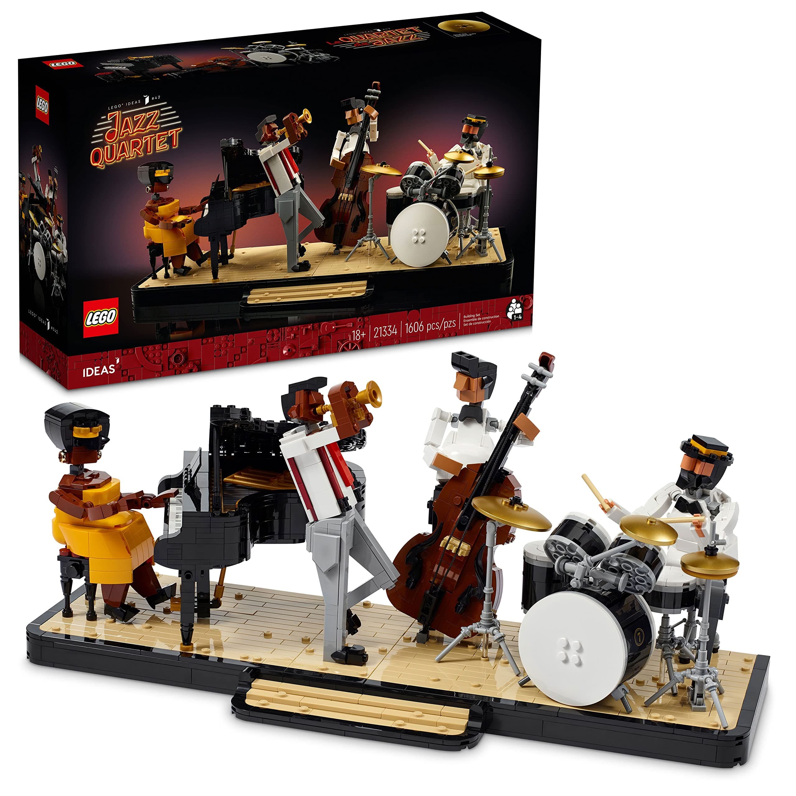 Ideas Jazz Quartet, Building Set for Adults Featuring Buildable Stage with 4 Band Musician Figures, Includes Piano, Double Bass, Trumpet, and Drum Kit Instruments, Great for Home Display, 21334