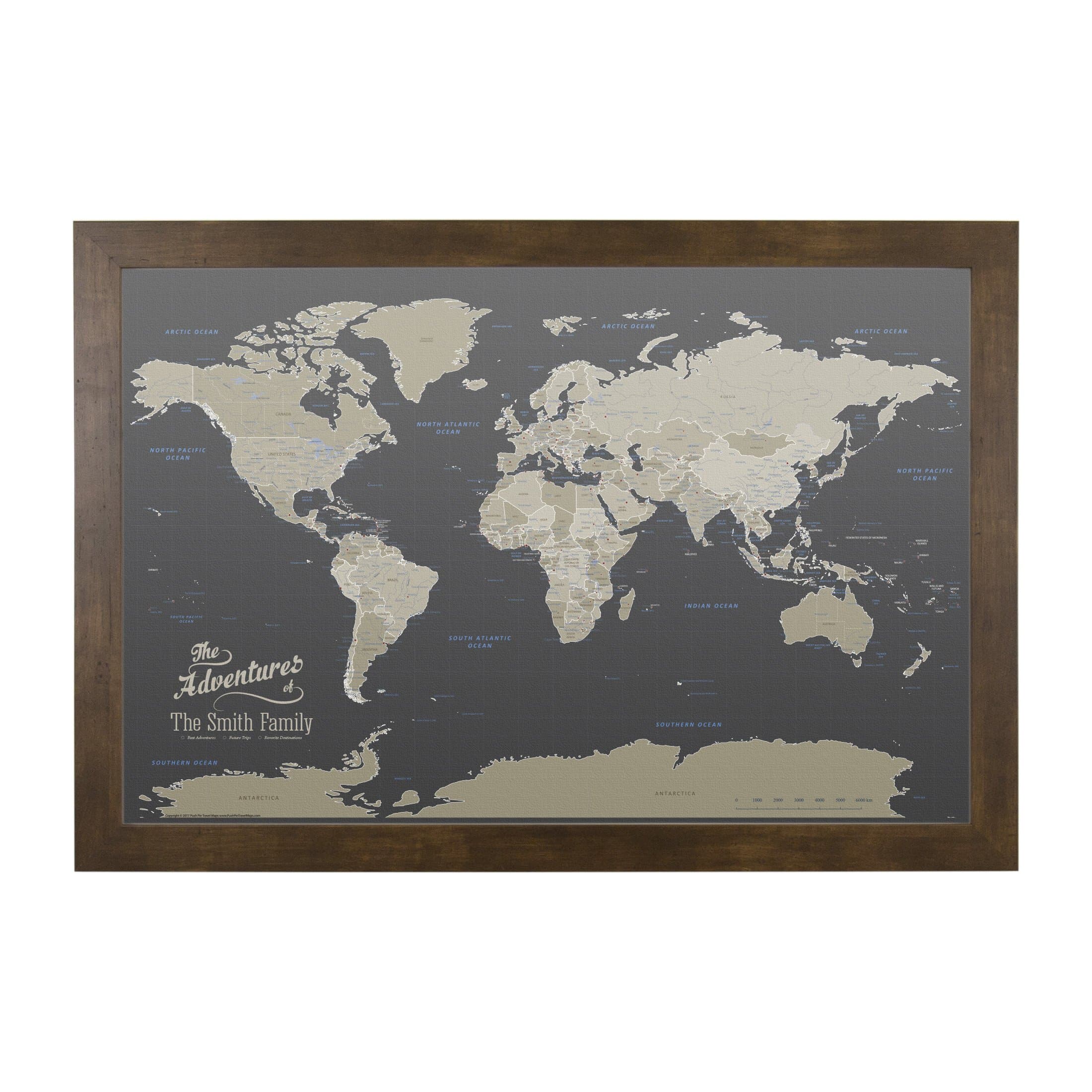 Canvas - Personalized Earth Toned World Push Pin Travel Map with Rustic Brown Frame
