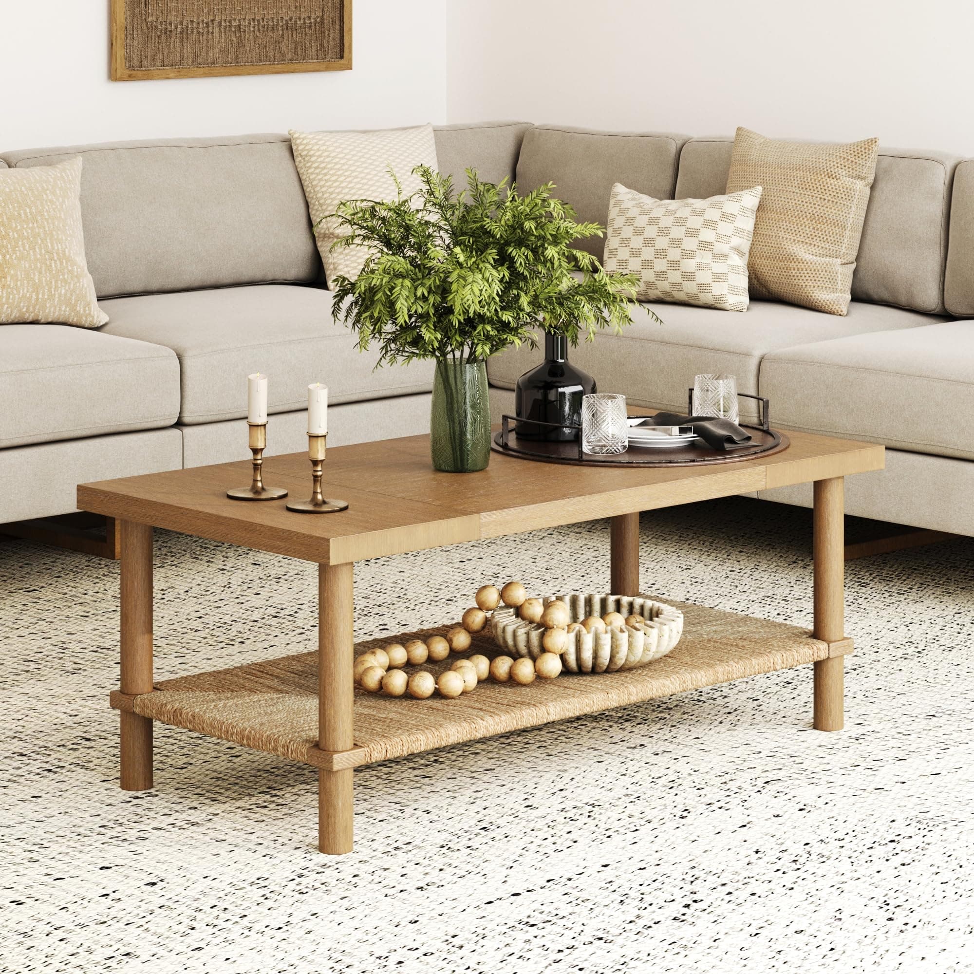 Beacon Bohemian Coffee Table with Storage, 2-Tier Rectangle Coffee Table with Solid Wood Legs and Seagrass Shelf, Light Brown