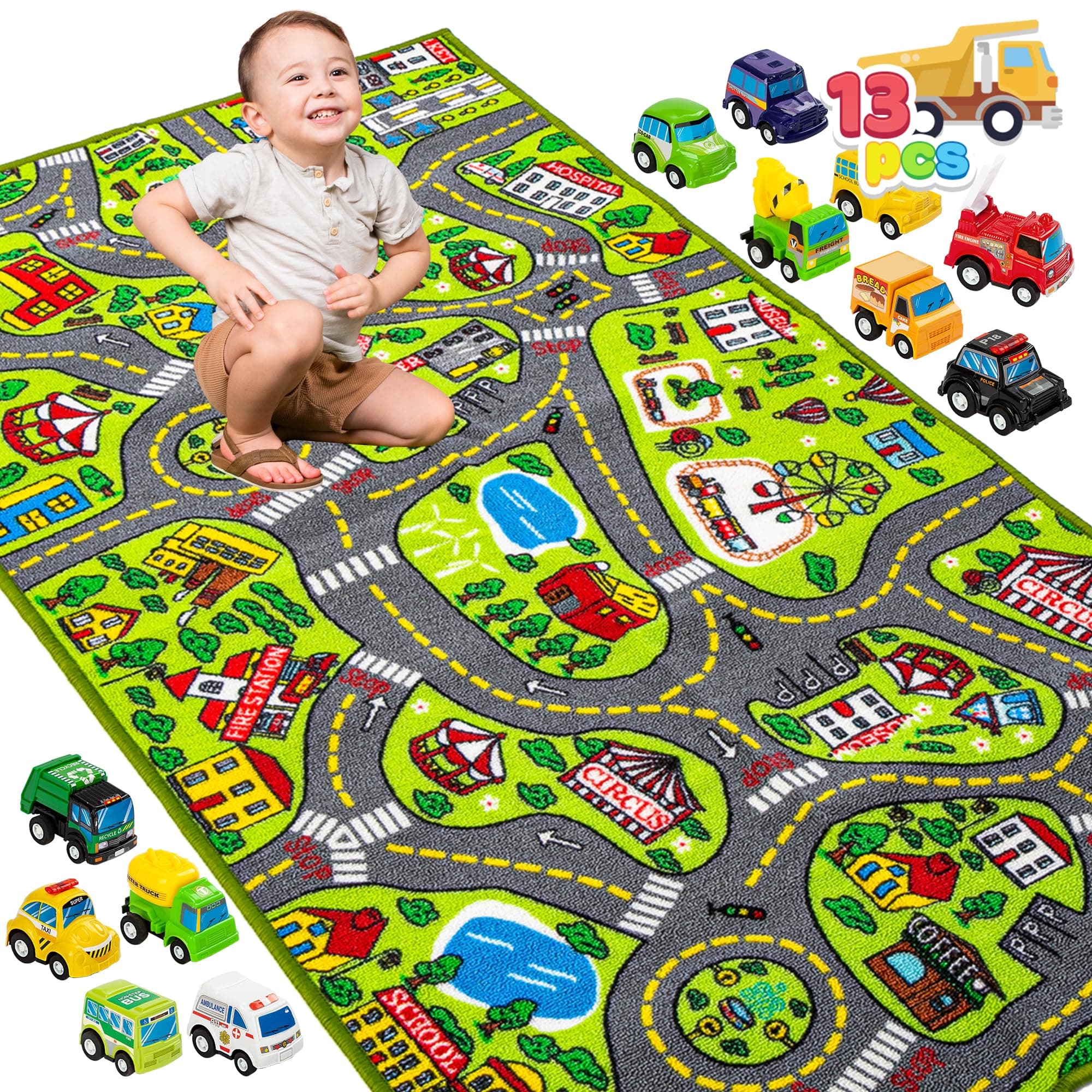 JOYIN Kids Play Rugs - 12 Pull-Back Vehicle Set - Durable Carpet Playmat Rug - City Pretending Play - Toddler Car Track Rug