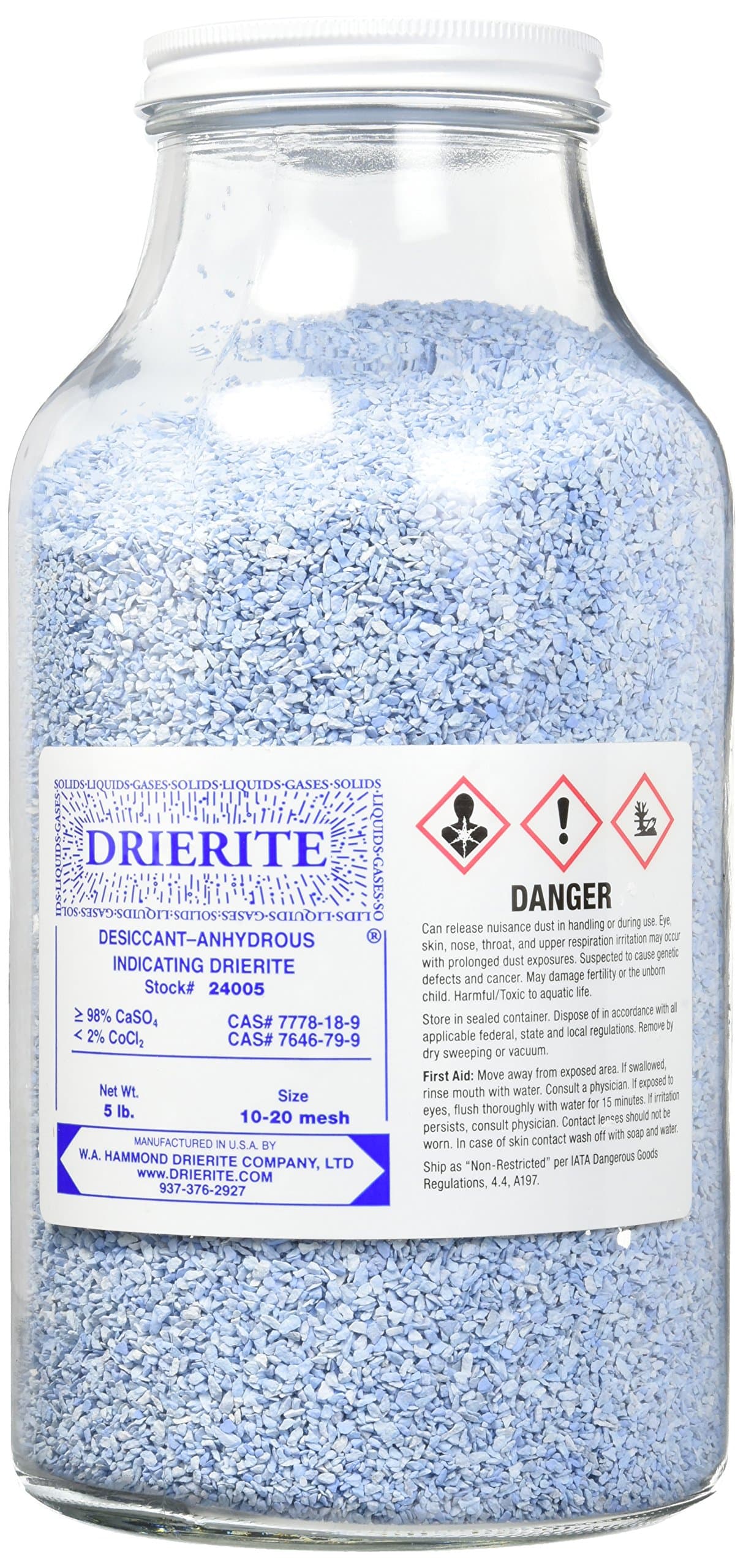 WAH 24005 EA Indicating Drierite, 10-20 Mesh, 5 lb, 10.5" Height, 5.5" Wide, 5.5" Length, Glass