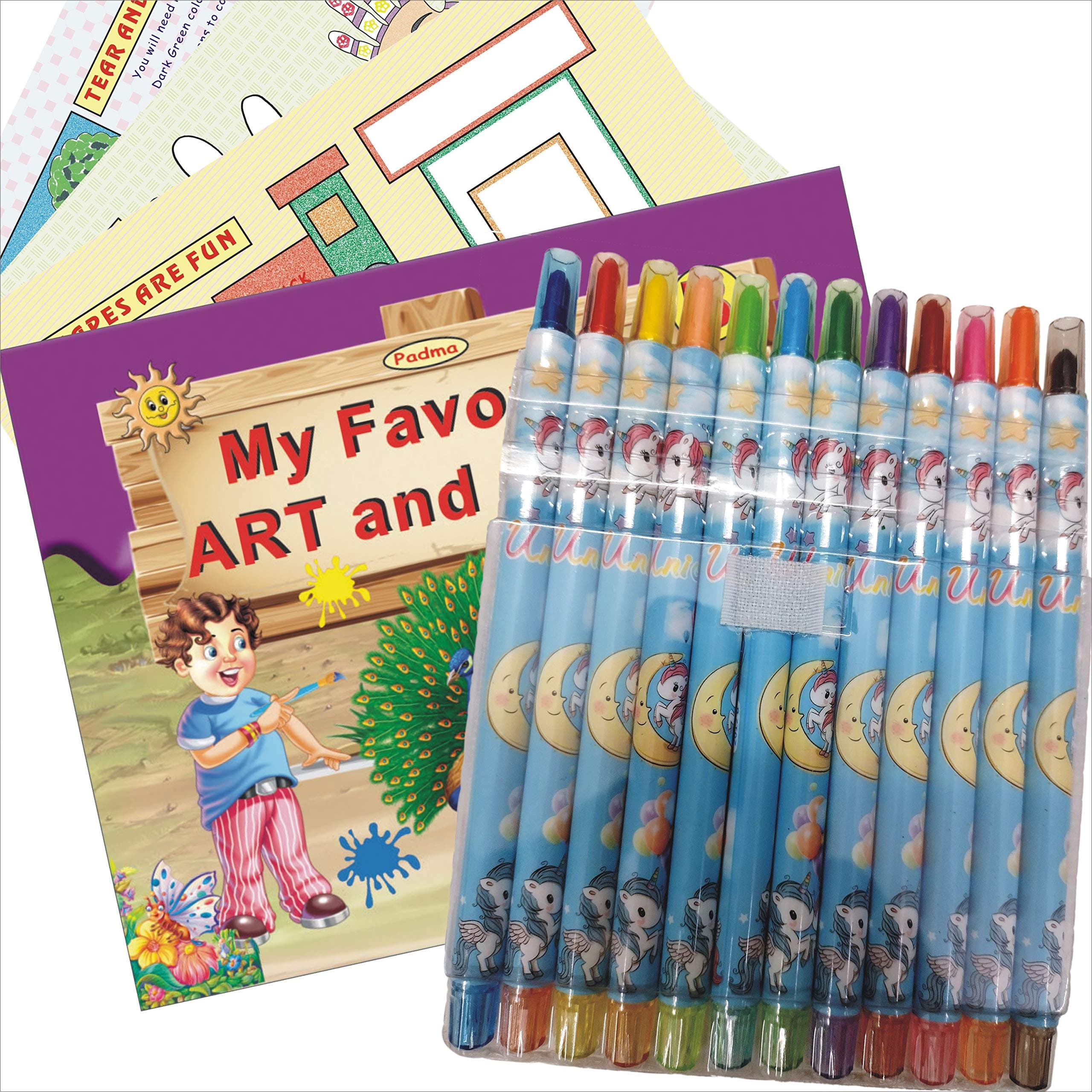 PADMA Rolling Sticks Crayons Color Set 12 Long Roller Kit For Kid With Drawing,Colouring Activity Book For Girl&Boy Under 9 Year Old(Stick Colors,Art Craft Coloring Book B(Kids Hard)),Multicolor