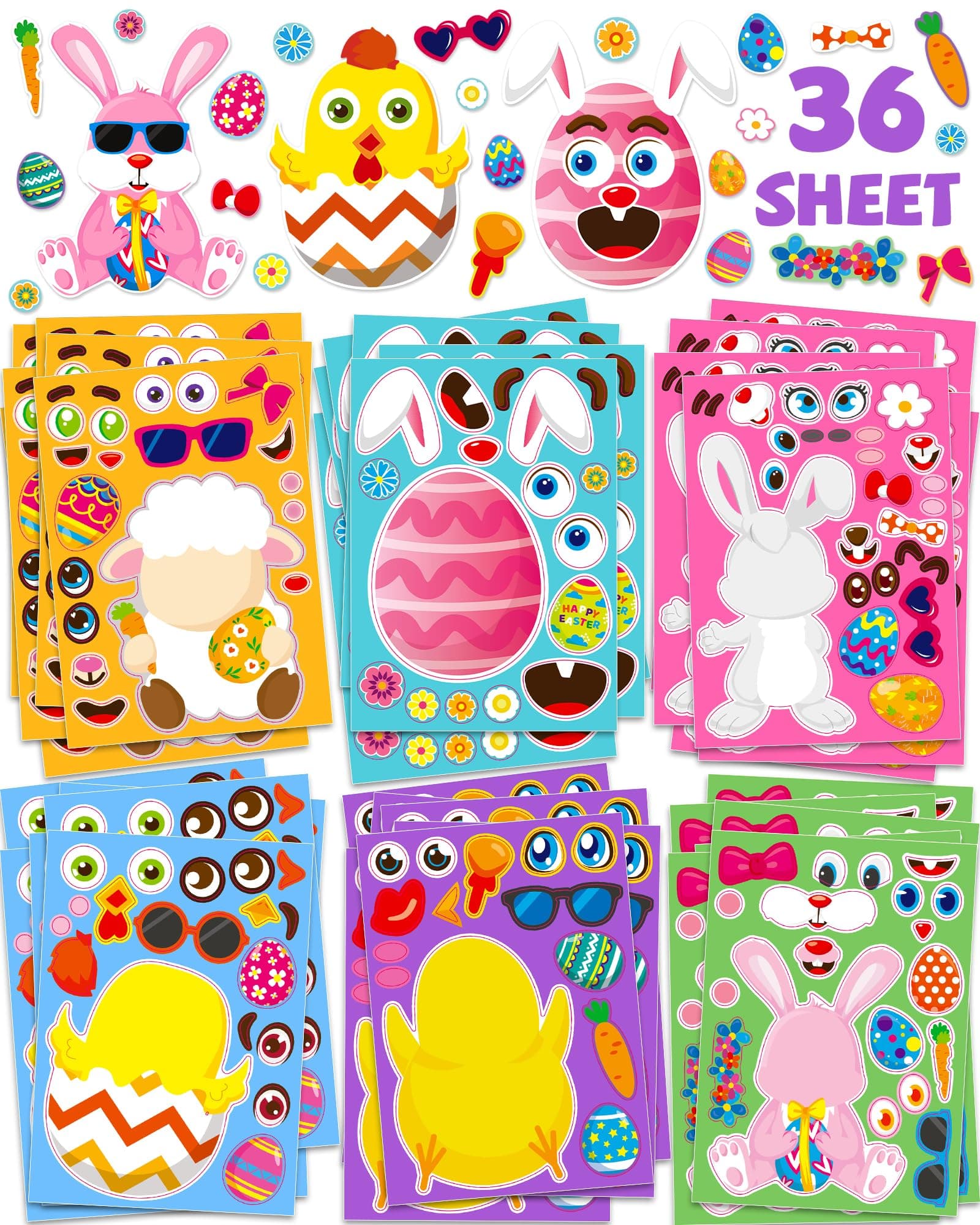 Greingways 36 Sheets Easter Stickers for Kids, Toddlers Easter Basket Stuffers Egg Decorating Bunny Stickers, Activities Party Favors Games Crafts Gifts for Kids Boys Girls Goodie Bags