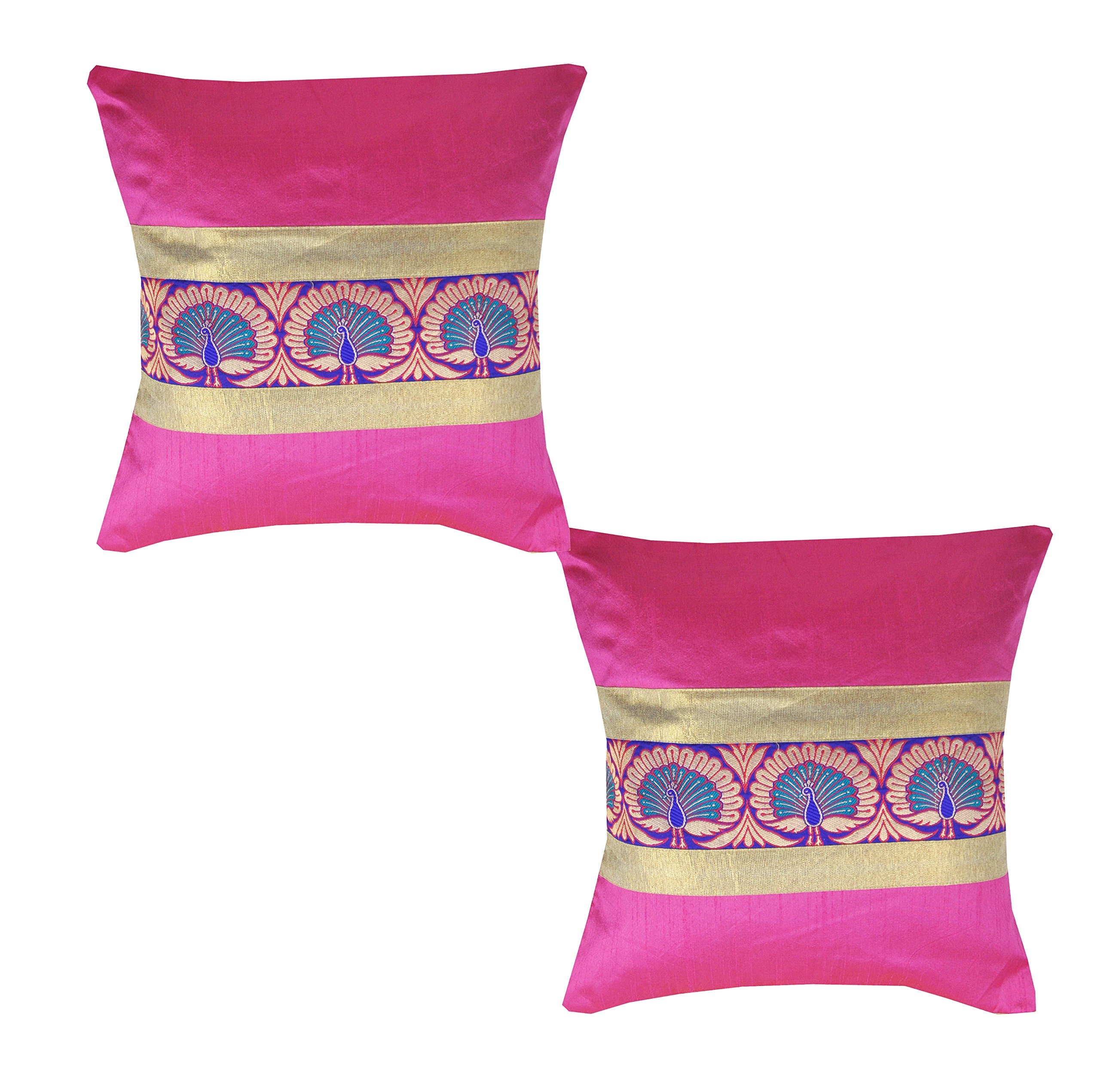 PINK PARROT Silk Embroidery Plain Printed Decorative Square Throw Pillow (Pink, 16x16 inch) -Set of 2