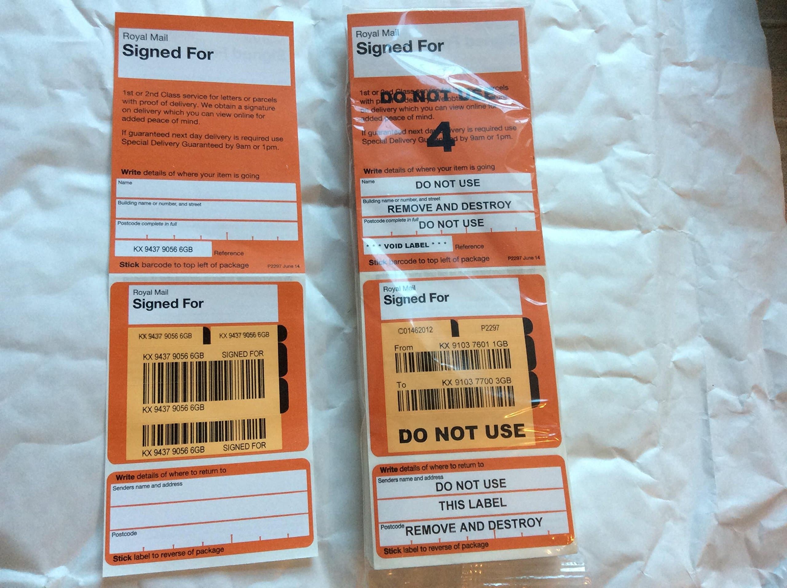100 Royal Mail recorded delivery signed for 1st / 2nd class labels stickers