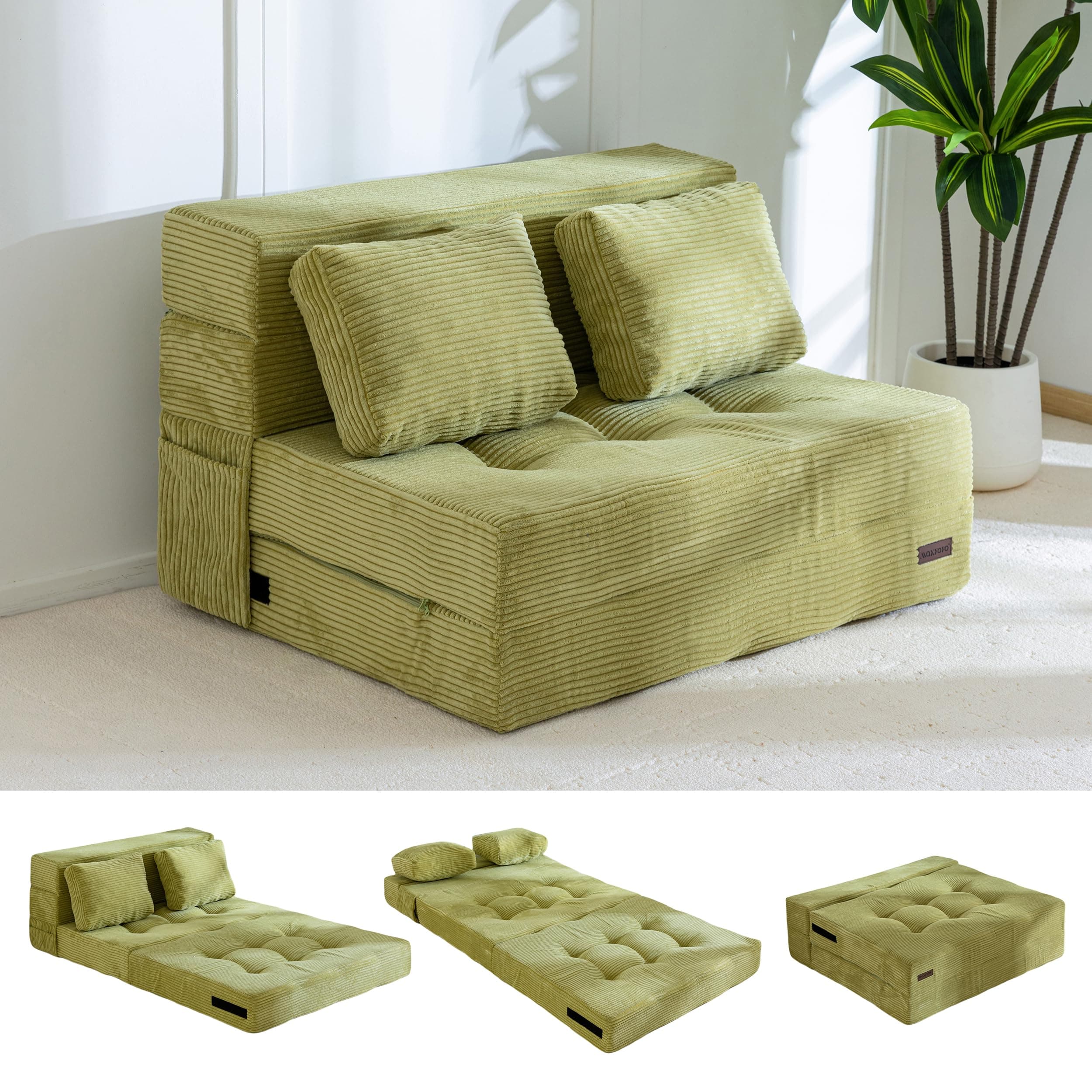 MAXYOYO Convertible Sofa Bed, Fold Out Loveseat Sleeper Sofa with Pillow, 4 in 1 Tufted Folding Couch Bed Foam Floor Couch, Lazy Chair for Living Room Bedroom Guest Room, Green