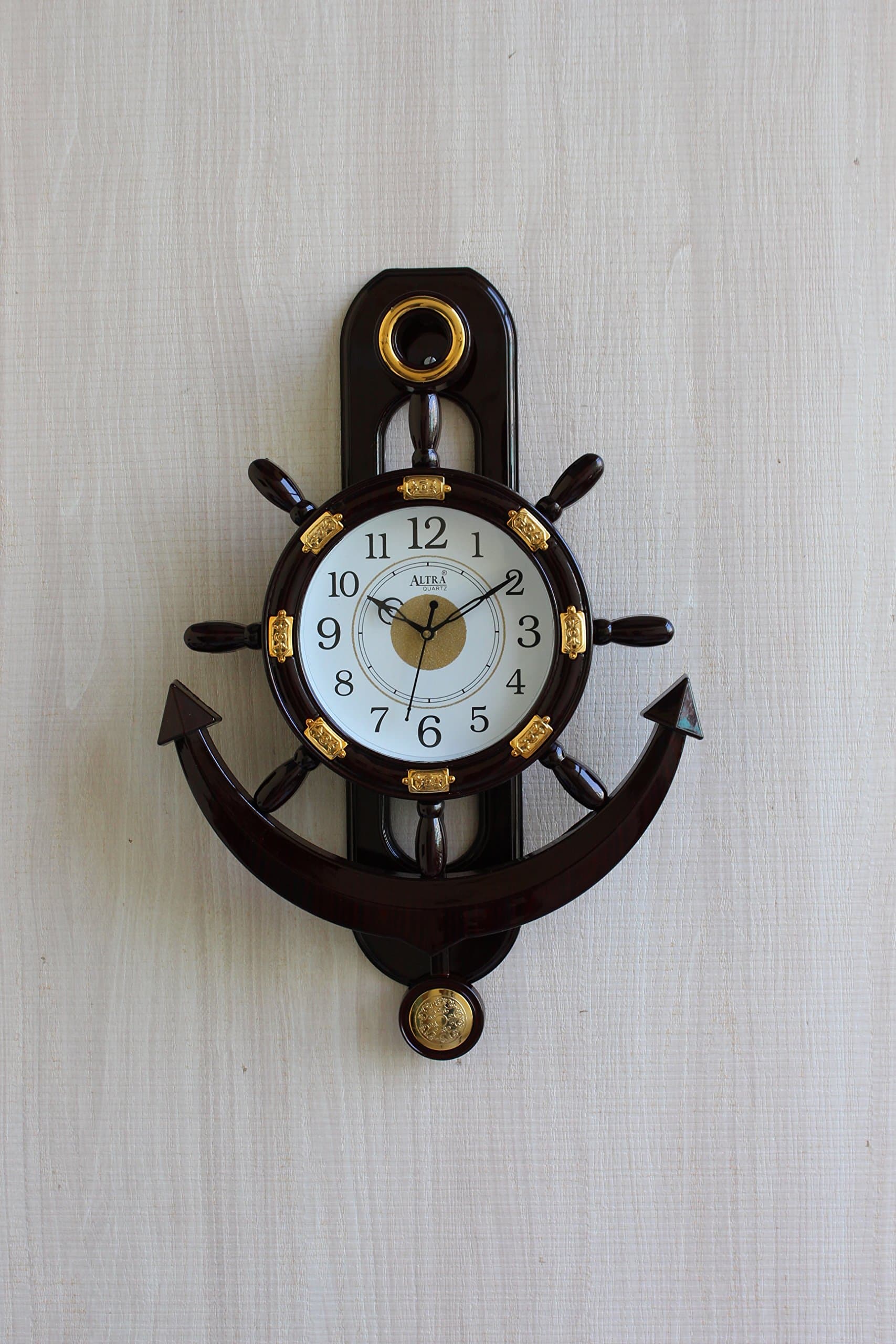 Decorative Retro Anchor Ship Steering Shape Plastic Pendulum Wall Clock for Home and Office, 37 cm x 8CM x 55 cm, Multicolor