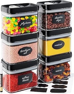 Airtight Food Storage Containers with Improved Lids, Set of 6, 1L Kitchen and Pantry Canisters for Coffee, Spices, and Dry Food, Includes Labels and Marker - Transparent, All Same Size
