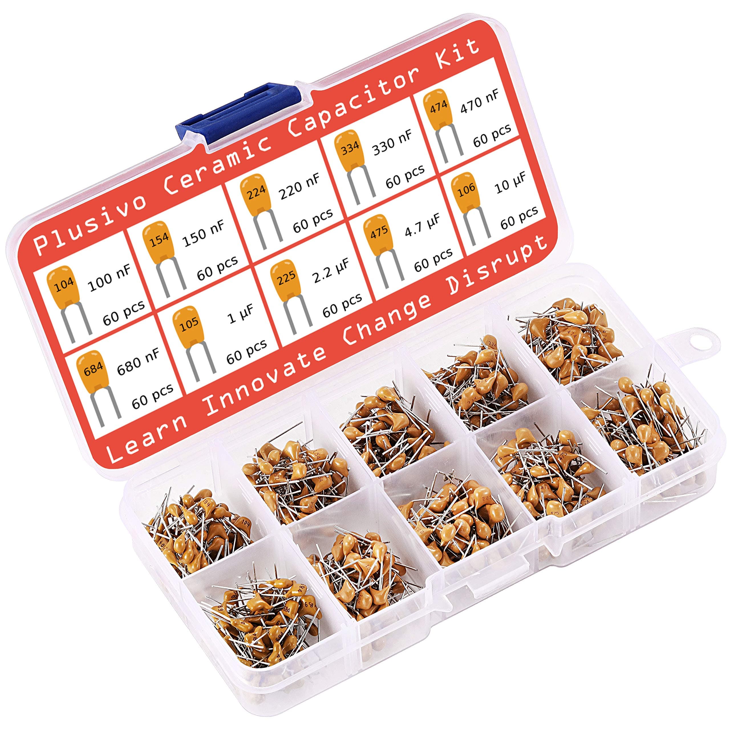 Ceramic Capacitor Assortment Kit - Set of 600 Small Assorted Capacitors from 100 nF to 10 uF in a Box - Non-Polarized Disc Capacitor Component Set from Plusivo