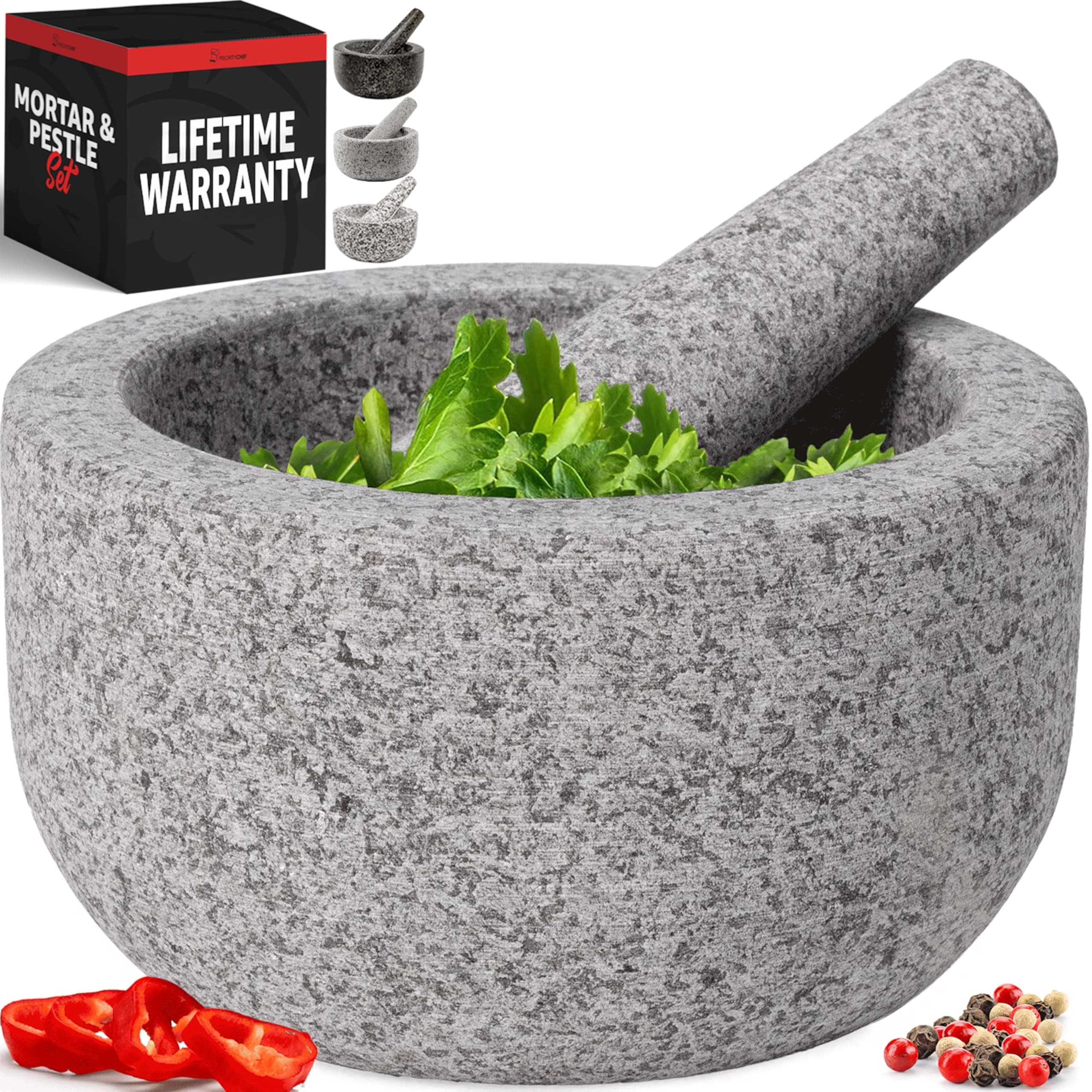 Heavy Duty Extra Large Mortar and Pestle Set, 4 Cup, Hand Carved from Natural Granite, Make Fresh Guacamole, Salsa, Pesto, Stone Grinder Bowl, Herb Crusher, Spice Grinder, Grey