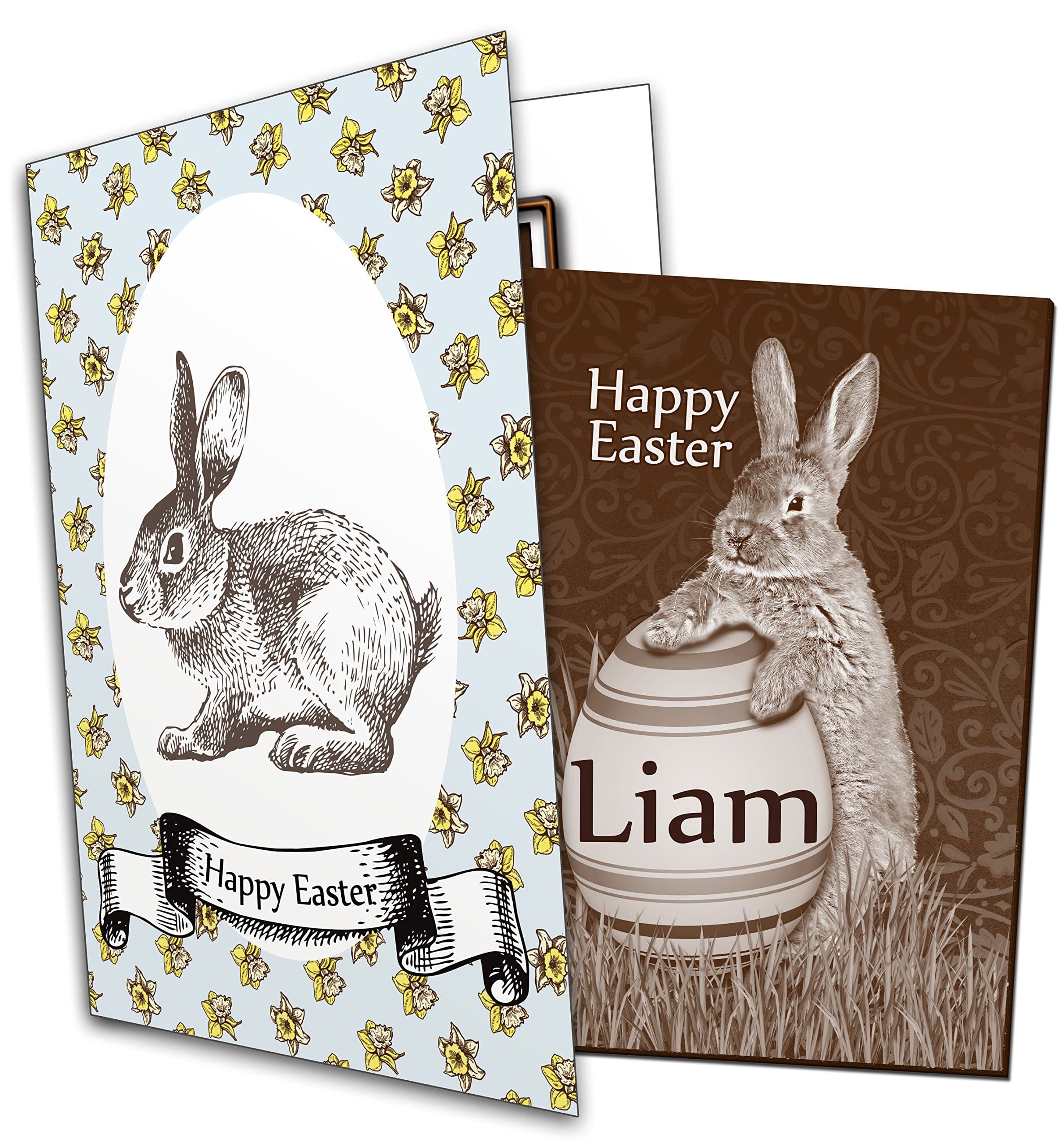 Personalised Easter Chocolate Greetings Card - Bunny (rabbit) holding an egg with name LIAM