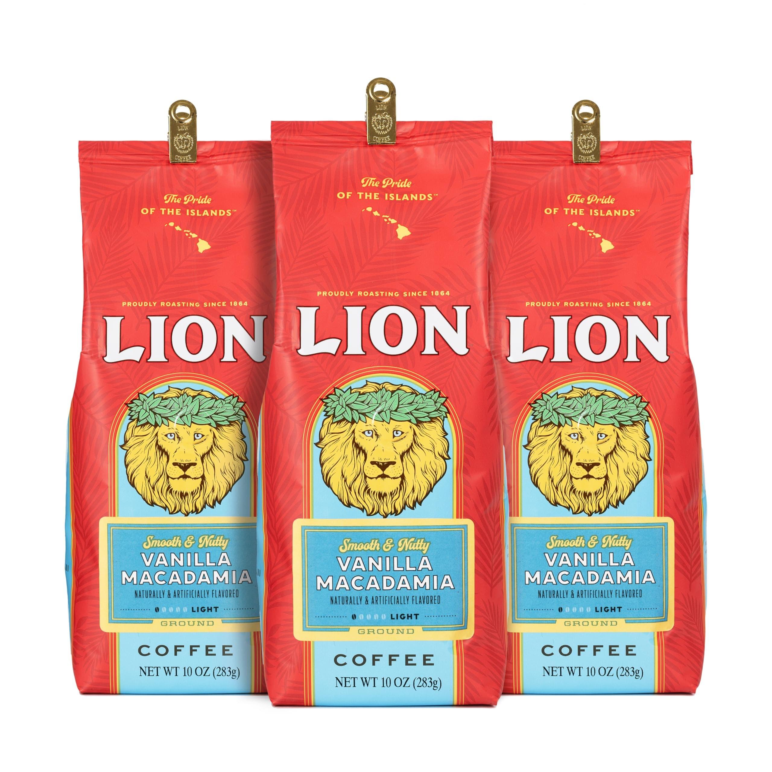 Lion Coffee 3-Pack Vanilla Macadamia Flavored Ground Coffee, Light Roast, Hawaiian Inspired Taste - 10 Ounce Bags (Pack of Three)