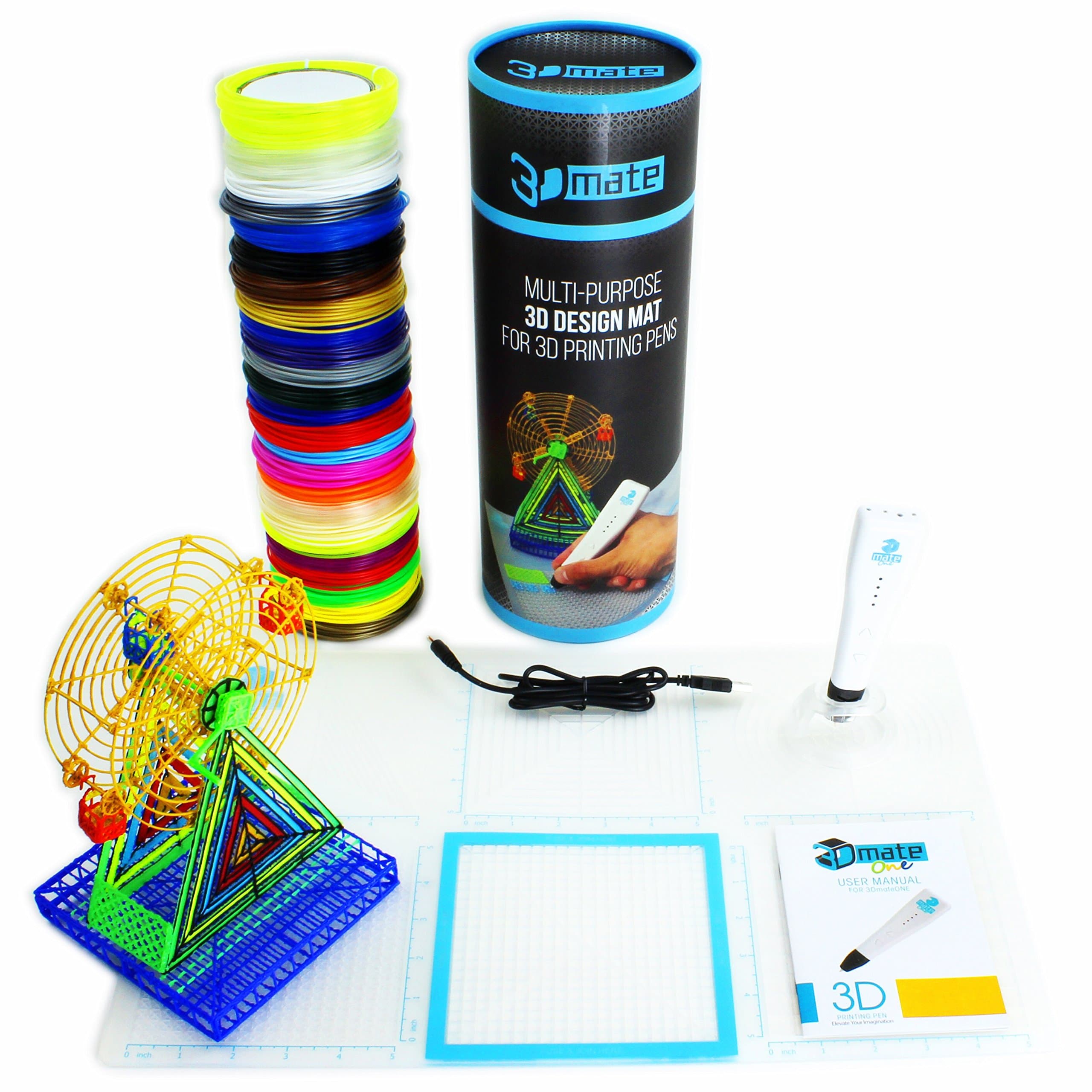3Dmate Trio - Complete 3D Printing Pen Design Kit Including 3D Pen Multifunctional Design Mat and 500ft of Multicolor PLA Filament