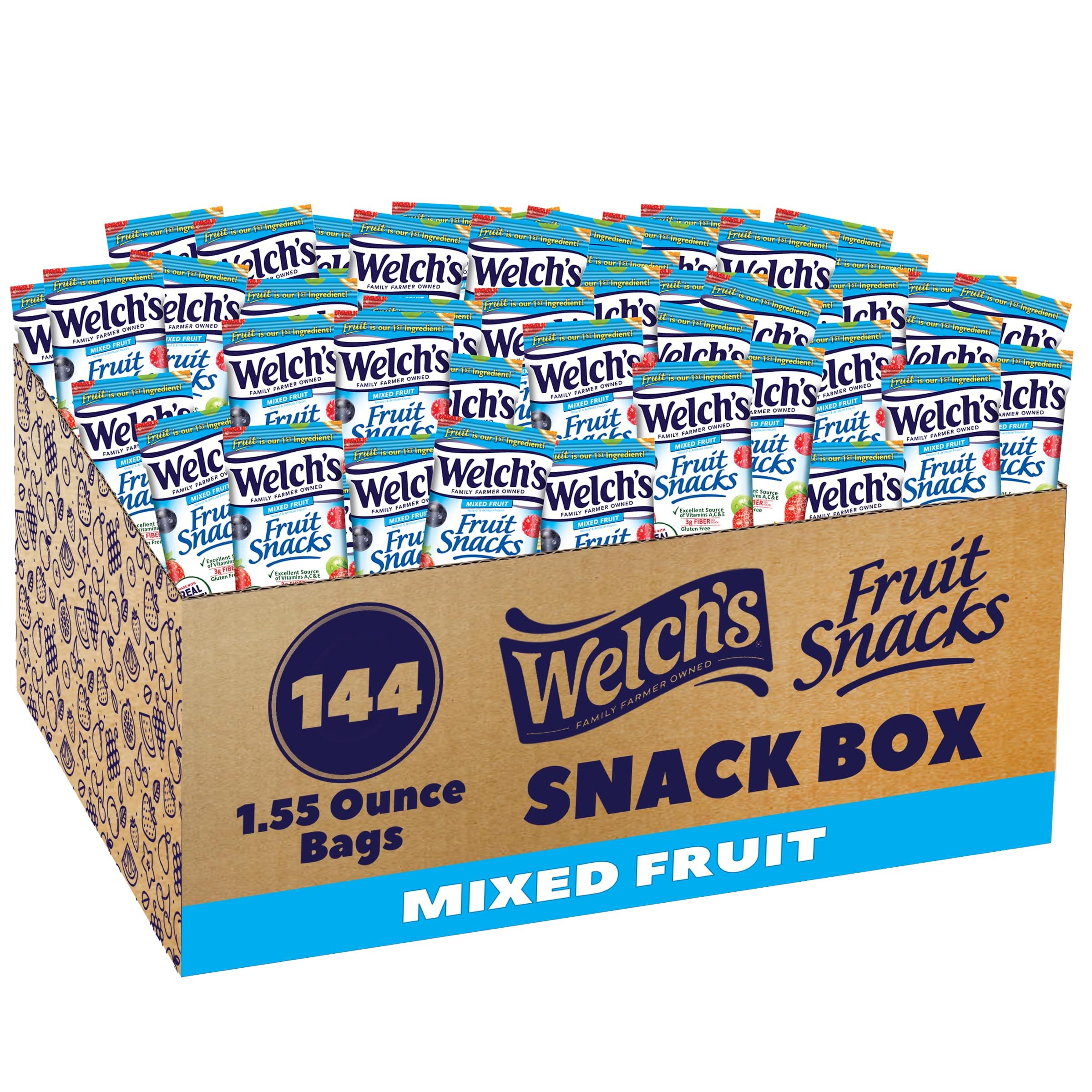 Welch's Fruit Snacks, Mixed Fruit, Great for School Lunches, Bulk Pack, Individual Single Serve Bags, 1.55 oz (Pack of 144)