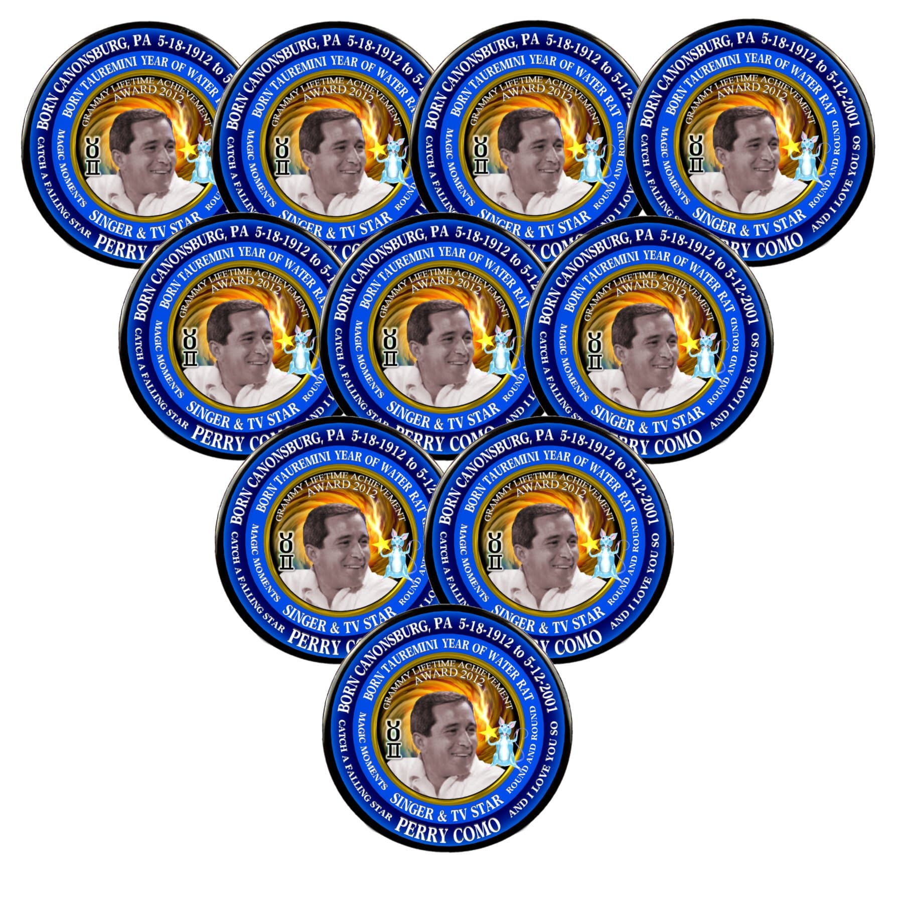 Pack-10 Perry Como Singer Pin, Astrology Taurus Gemini Cusp Zodiac Water Rat