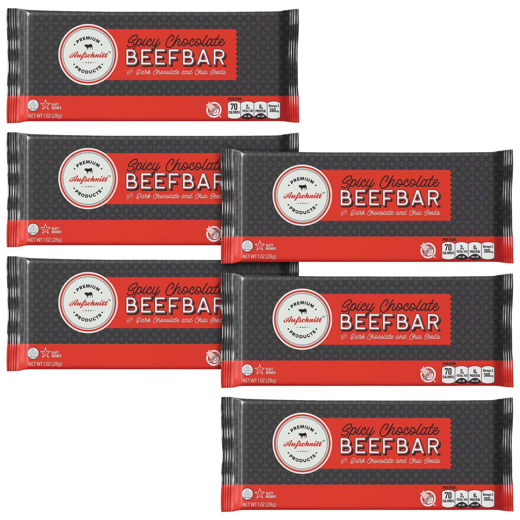 Aufschnitt Beef Bars - High Protein Snack with Grass Fed Beef - Kosher, and Keto Friendly - Dark Chocolate and Chia Seeds, 6 Count