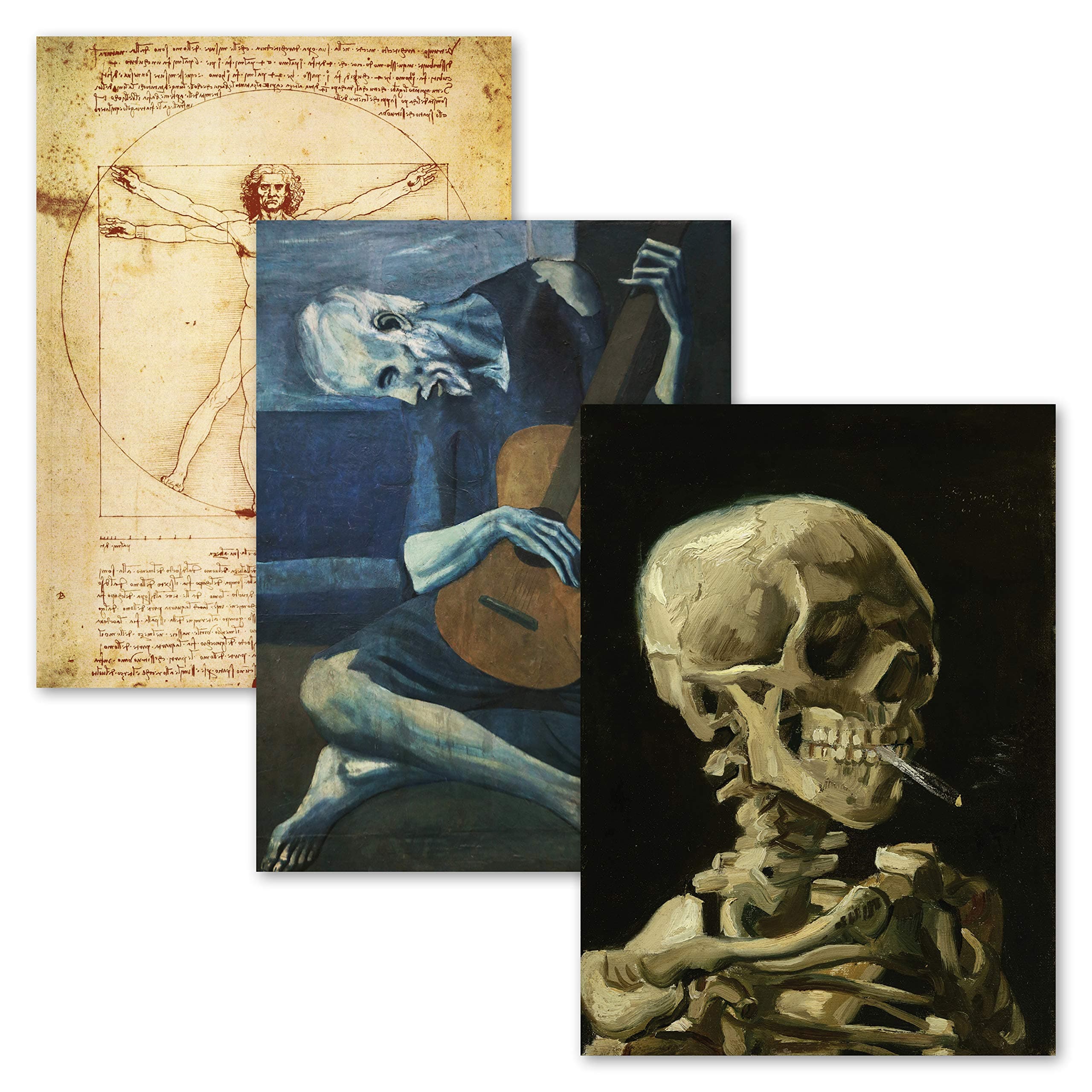 Palace Learning 3 Pack - Vitruvian Man by Leonardo Da Vinci + The Old Guitarist by Pablo Picasso + Van Gogh Skeleton Poster - Fine Art Prints (Laminated, 18" x 24")