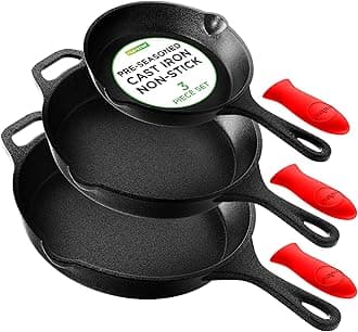 3pc Cast Iron Skillets - Pre-Seasoned Cast Iron Cookware with Drip Spout, Silicone Handles, For All Cooktops
