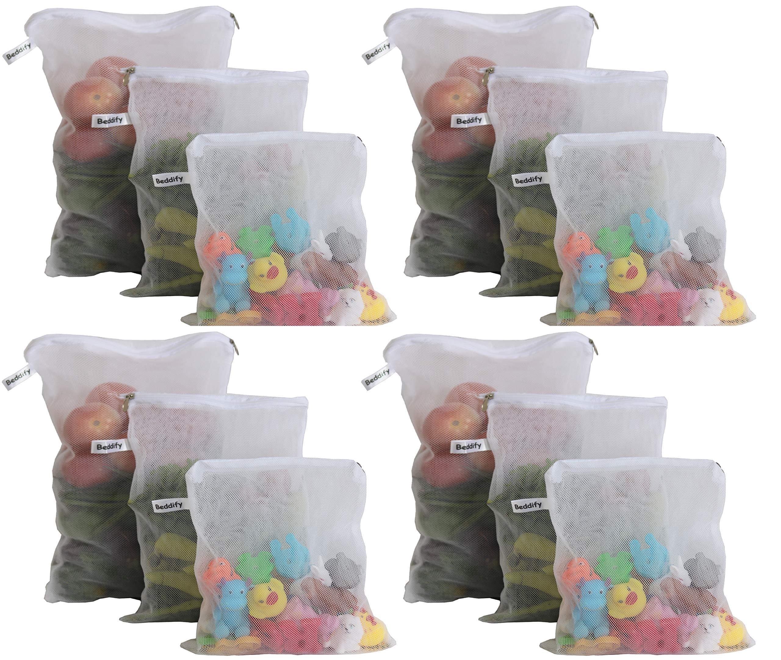 White Reusable Fridge Storage Bag with Ziplock for Vegetables and Fruits (4 Small, Medium and Large Size) - Set of 12