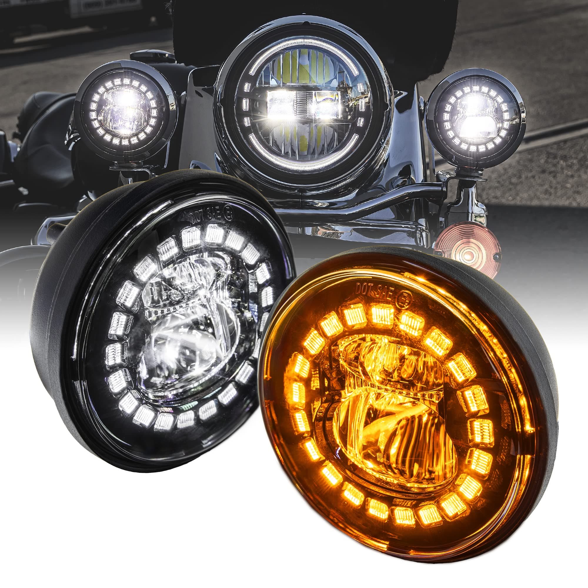 TRUE MODS 2pc Black 4.5" LED Passing Fog Lights for Harley Davidson Motorcycles [WHITE HALO DRL & AMBER Turn Signals] [Advanced Dual Fish-Eye Lens] [6500K Cold White] Driving Lamps for Harley Bikes
