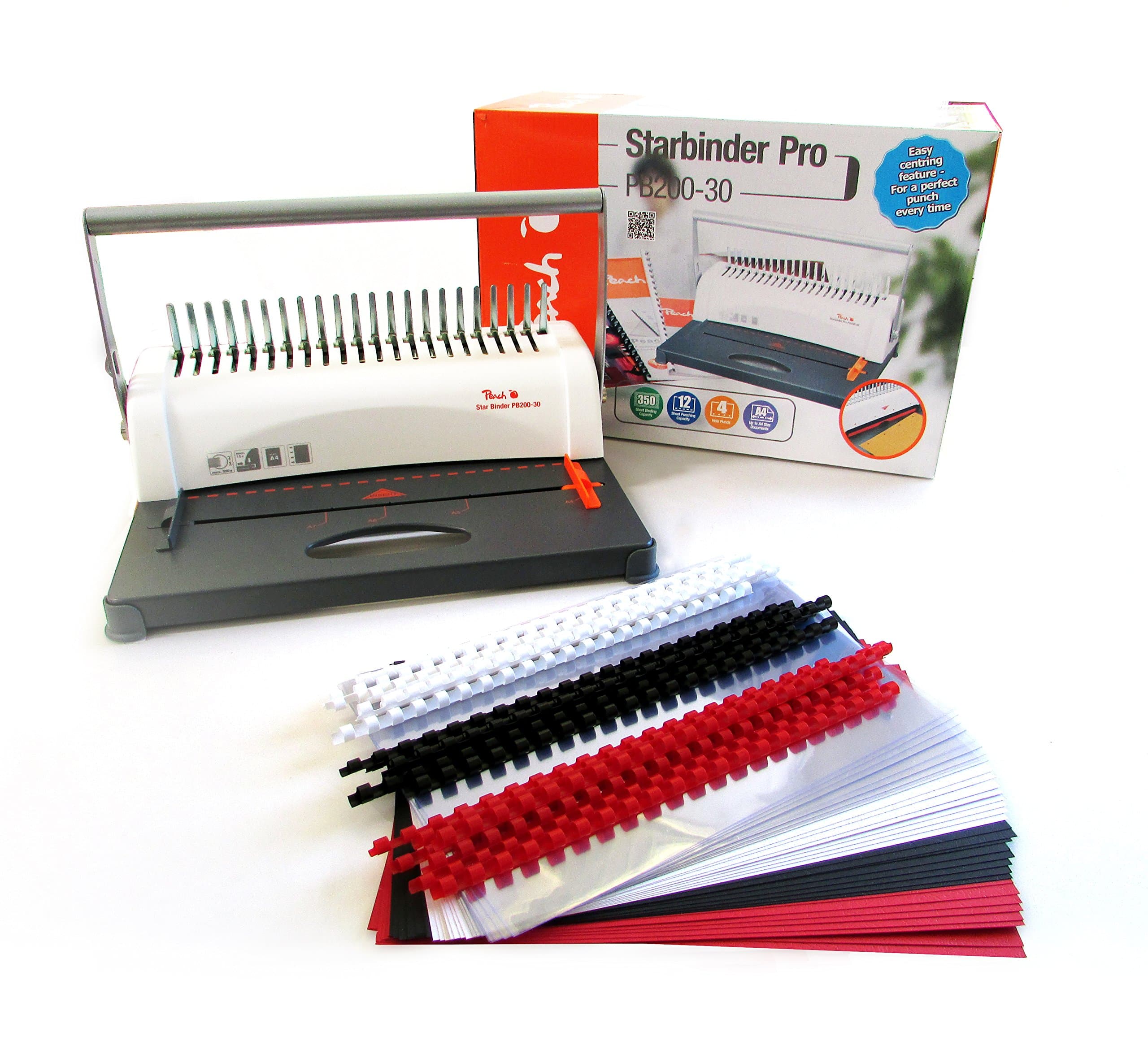 Peach PB200 – 30 Plastic Binding Machine Up to 350 A4 Sheets with 75 Piece Starter Set
