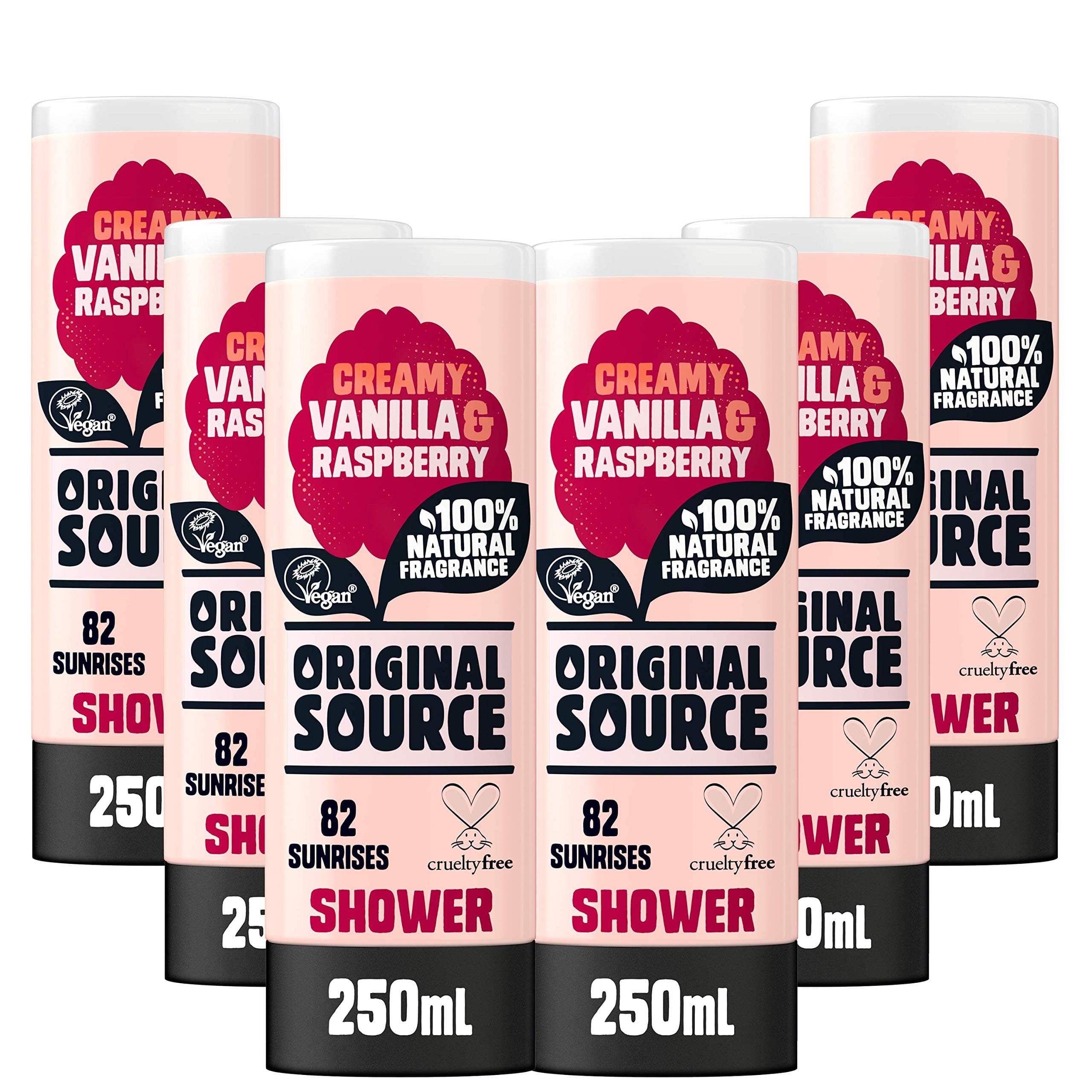 Original Source Vanilla & Raspberry Shower Gel, 100 Percent Natural Fragrance, Vegan, Cruelty Free, Paraben Free, Bulk Buy, Pack of 6 x 250 ml