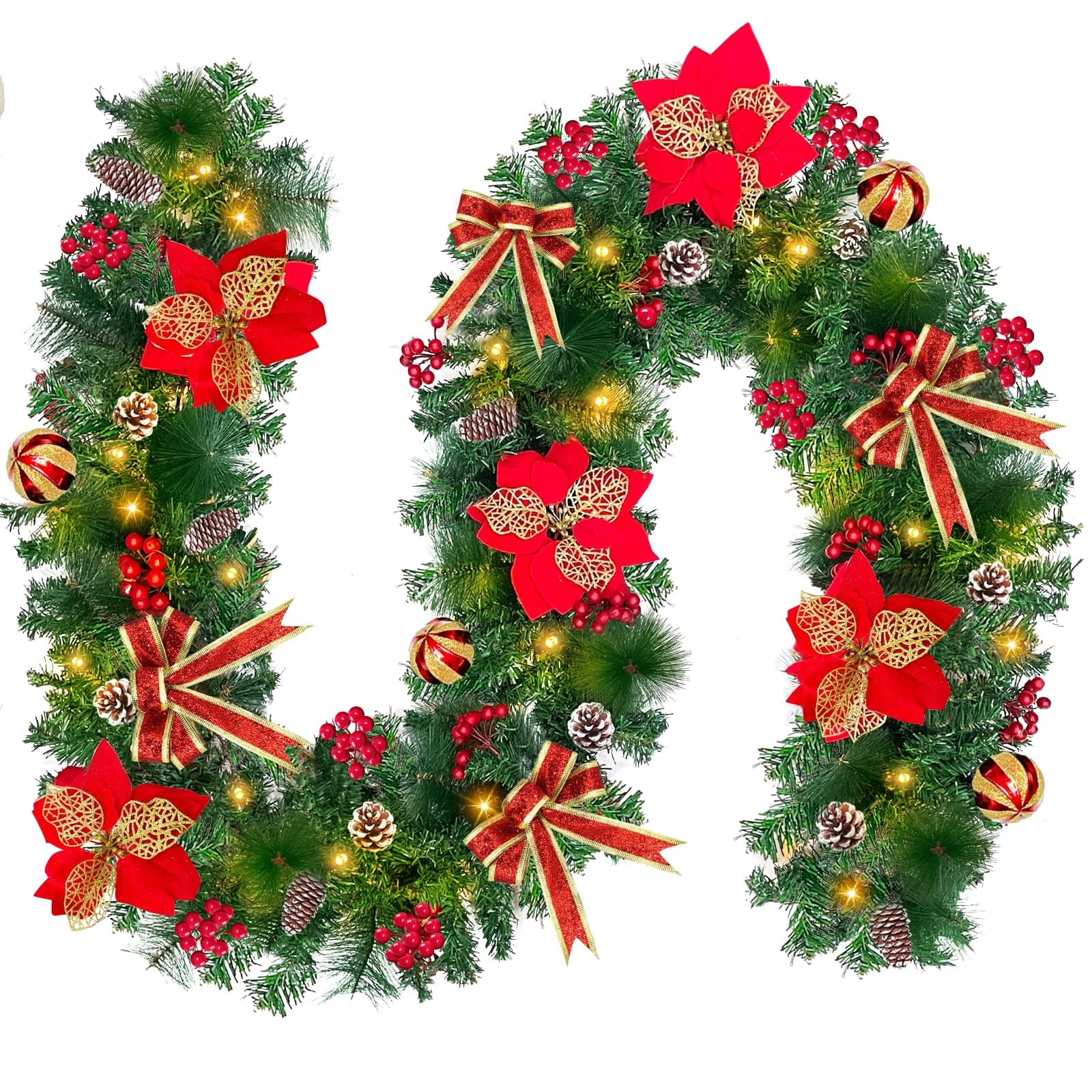Timer & 8 Modes - 9 Ft Prelit Christmas Garland Decorations with 100 Lights 300 Branches 5 Poinsettias 4 Xmas Balls 18 Pinecones Needles 198 Berries Battery Operated Christmas Decoration Indoor Home