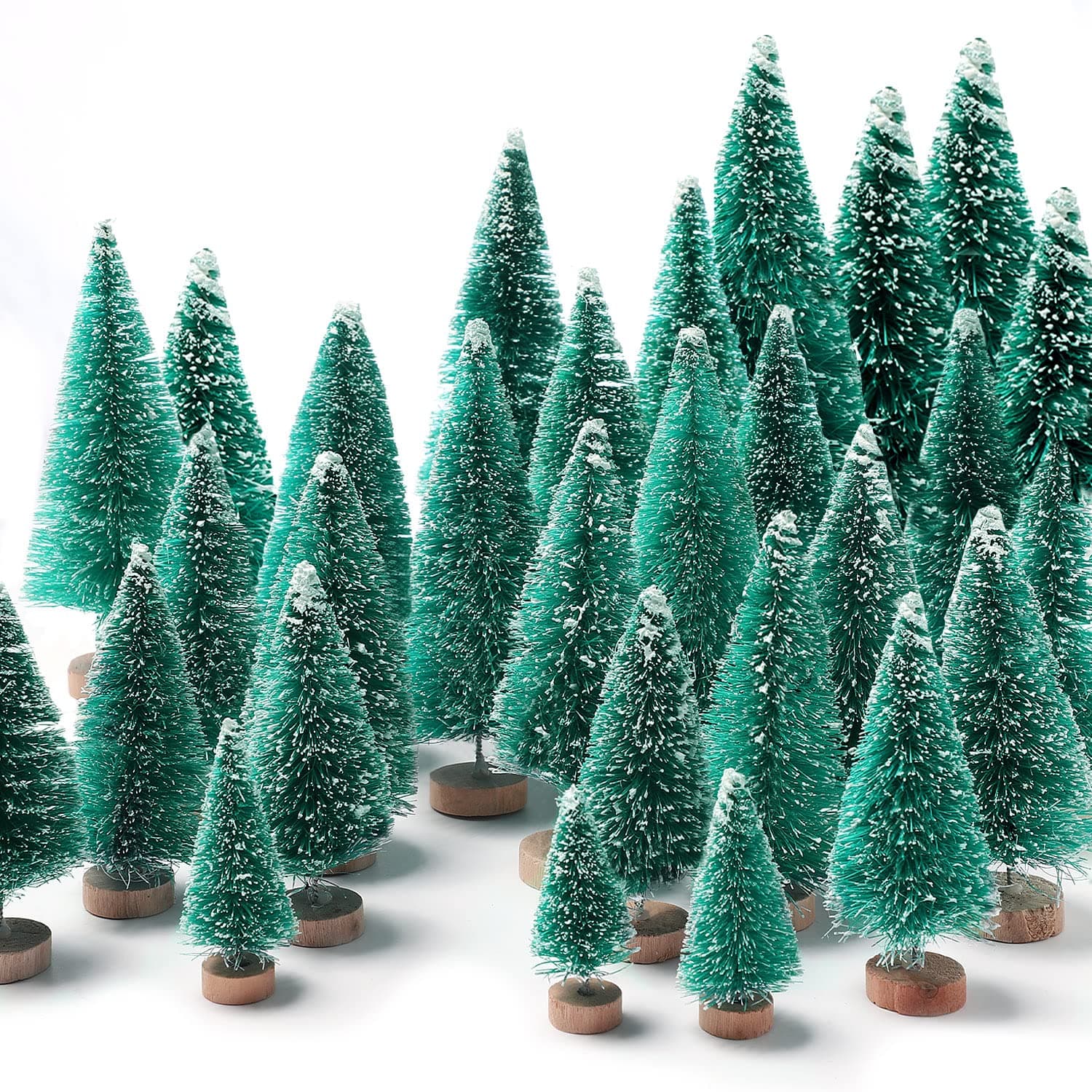 30Pcs Mini Christmas Trees - Artificial Christmas Tree Bottle Brush Trees,Sisal Snow Trees with Wooden Base for Christmas Decor Party Home Table Craft Decorations(Green)