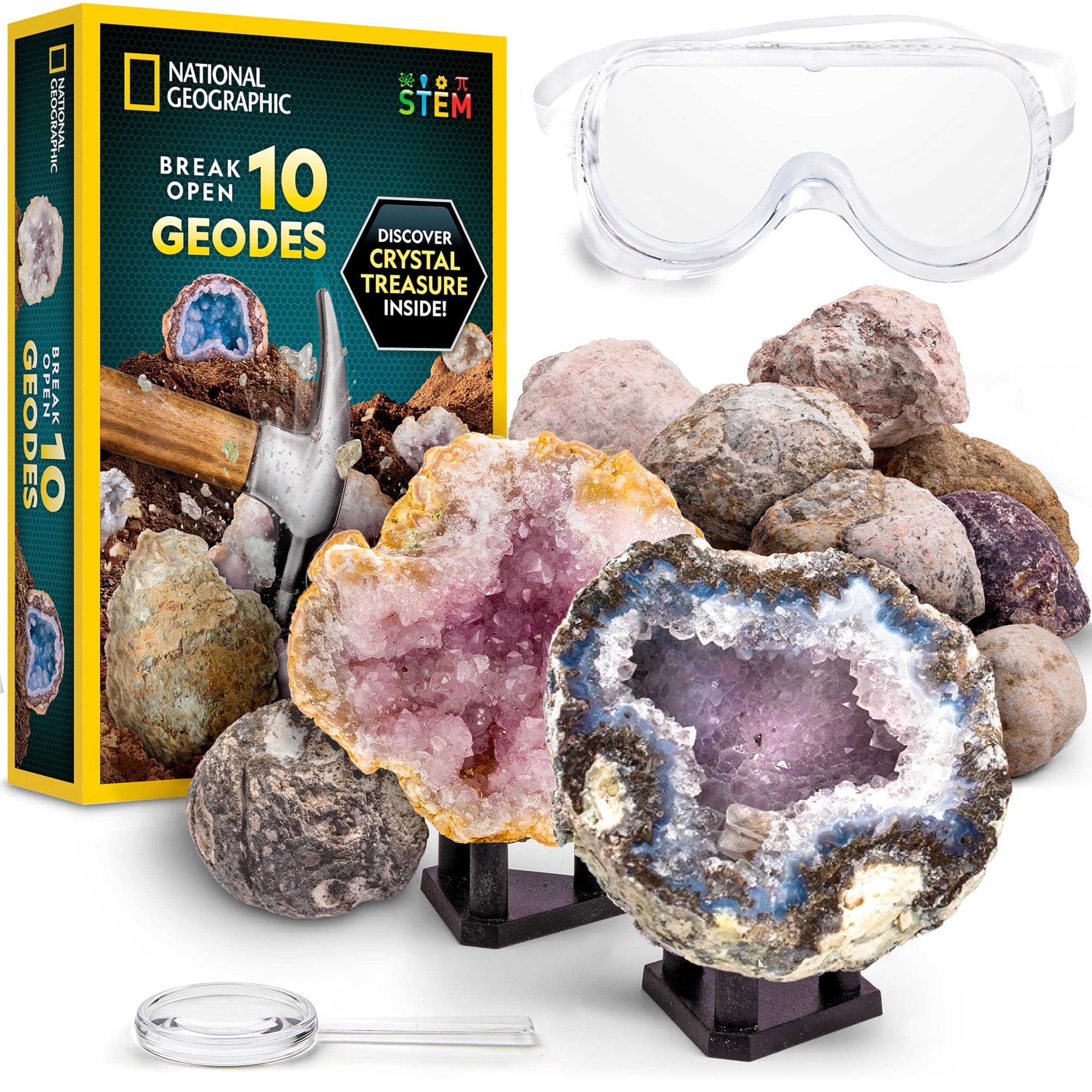 NATIONAL GEOGRAPHIC Break Open 10 Premium Geodes – Includes Goggles, Detailed Learning Guide & 2 Display Stands - Great STEM Science Gift for Mineralogy & Geology Enthusiasts of Any Age