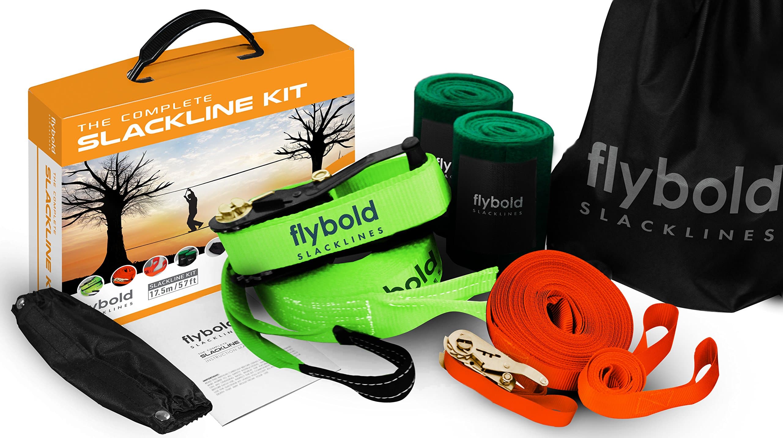flybold Slackline Kit | 57 ft Line with Training Line | Tree Protectors, Arm Trainer, Ratchet Cover and Carry Bag | Tight Rope Slack Lines for Backyard | for Kids, Children, Adults