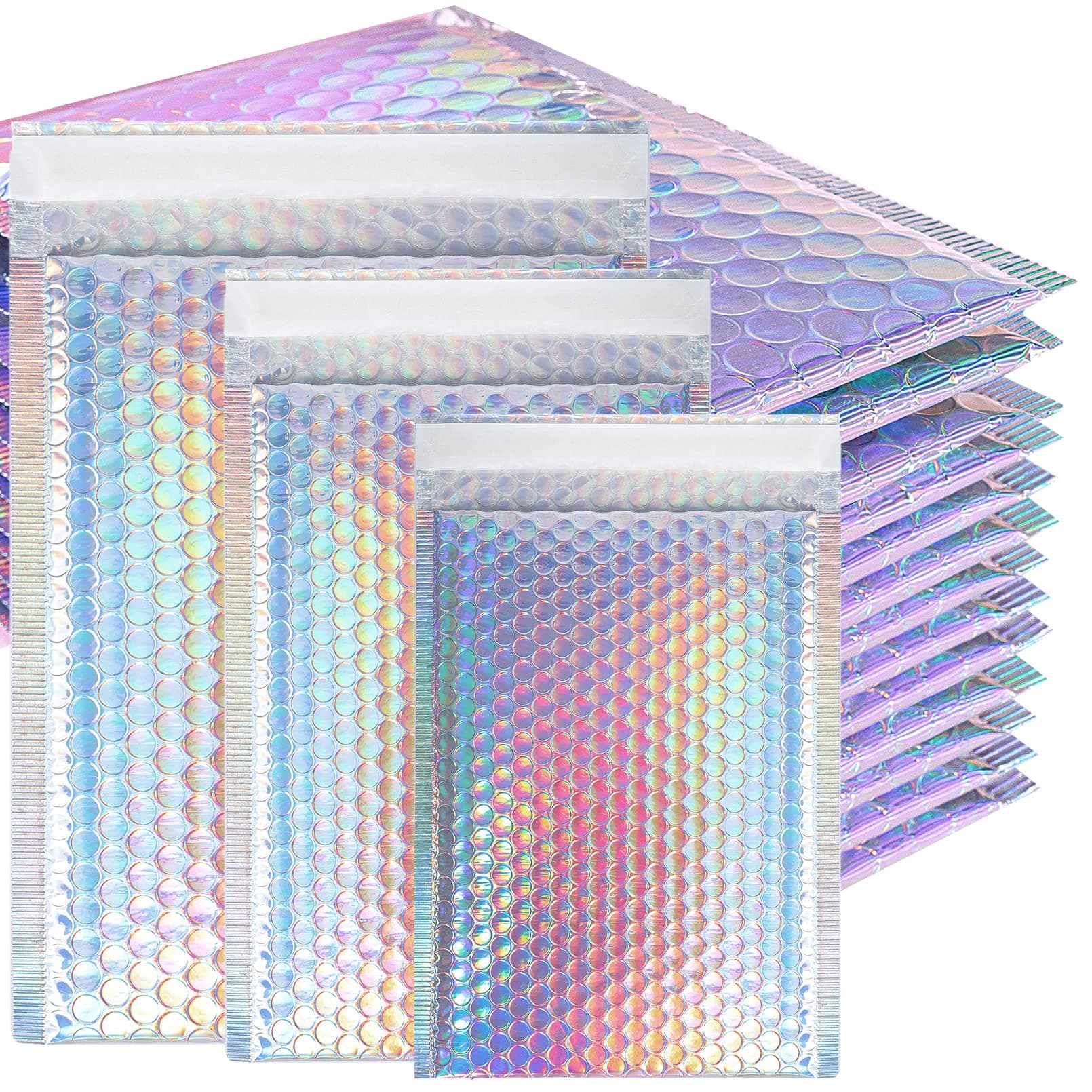 50 Pcs Metallic Bubble Mailers,Poly Padded Envelopes,Waterproof Self Seal Adhesive Shipping Bags,Foil Glitter Glamour Shipping Mailer,Holographic Cushion Envelopes for Mailing,Packing,Small Business