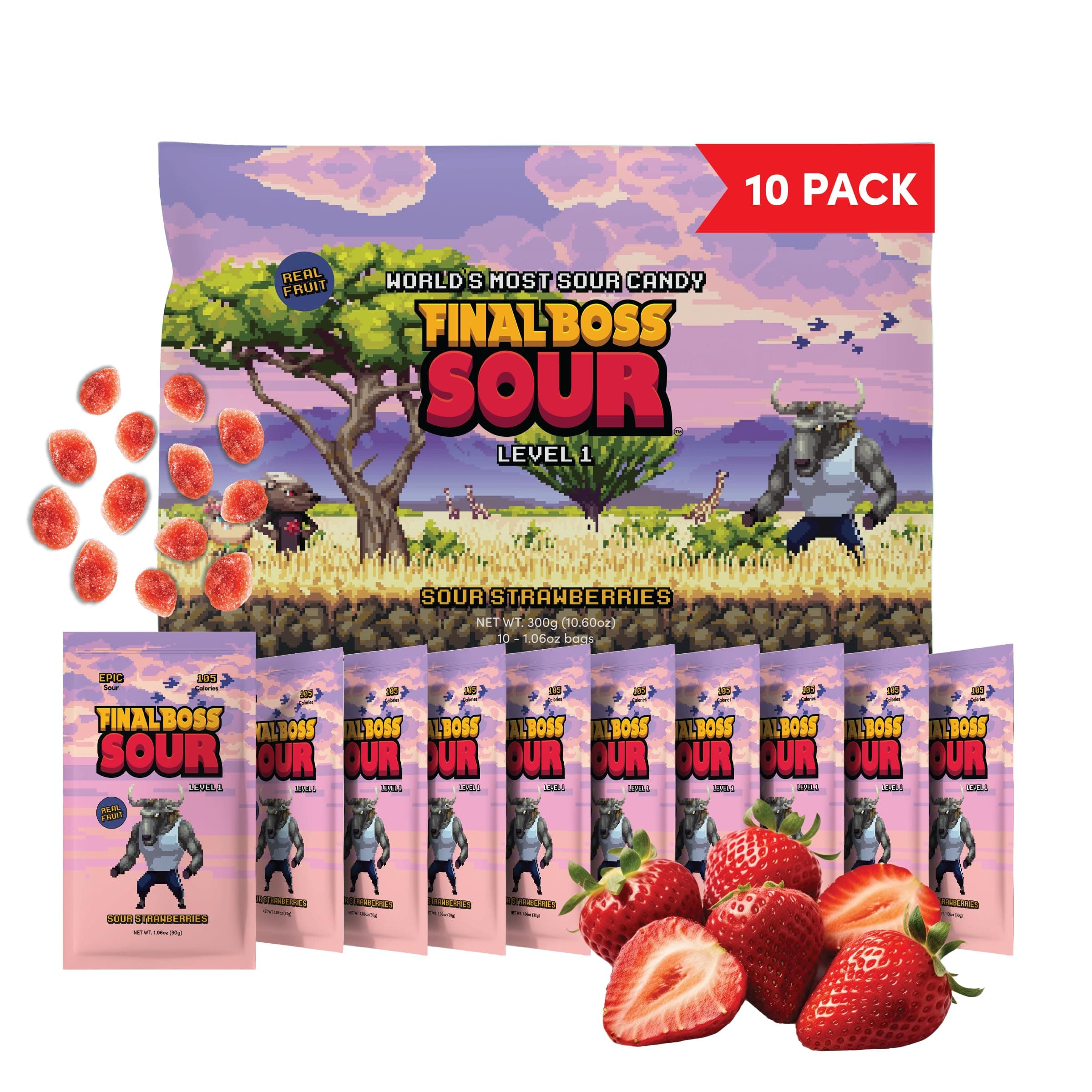 Final Boss Sour Candy, Sour Strawberries, 10 Pack, Level 1, Fruit Chews with Real Dried Fruit, No Artificial Colors or Flavors, Low Calorie Snack for Kids, Teens, Adults, Lunch Boxes
