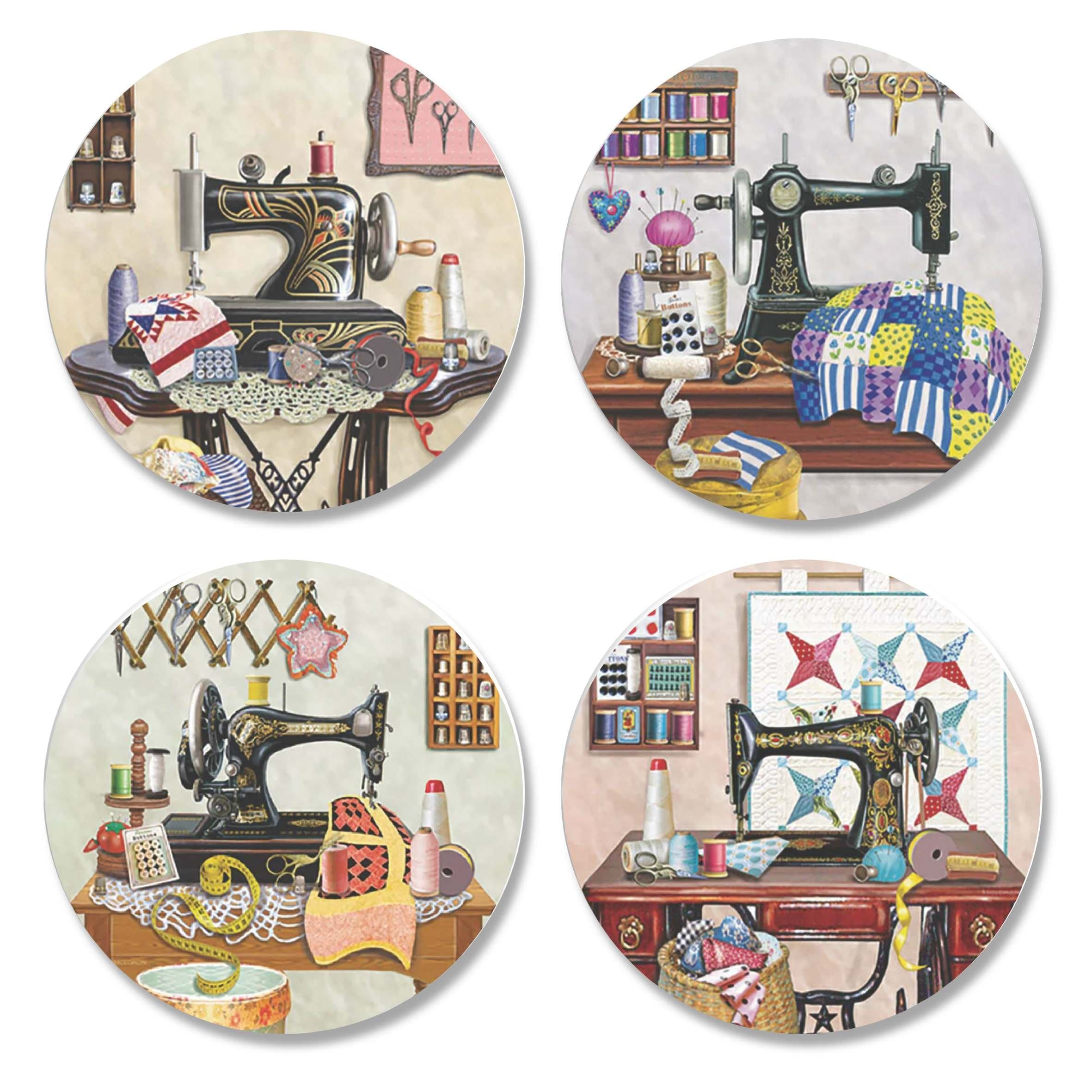 4 Pack Printed Dressmaking Sewing Pattern Weights. Antique Sewing Room Designs by Artist Rosiland Solomon. Inspired by The BBC Sewing Bee. (50mm Diameter)